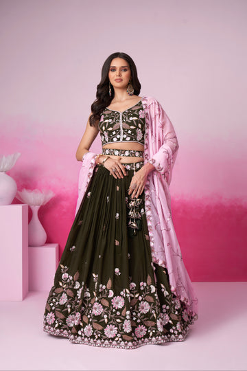 Olive Organza Sequins Embroidery Lehenga Choli & Dupatta