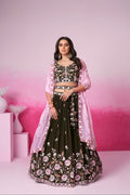 Olive Organza Sequins Embroidery Lehenga Choli & Dupatta