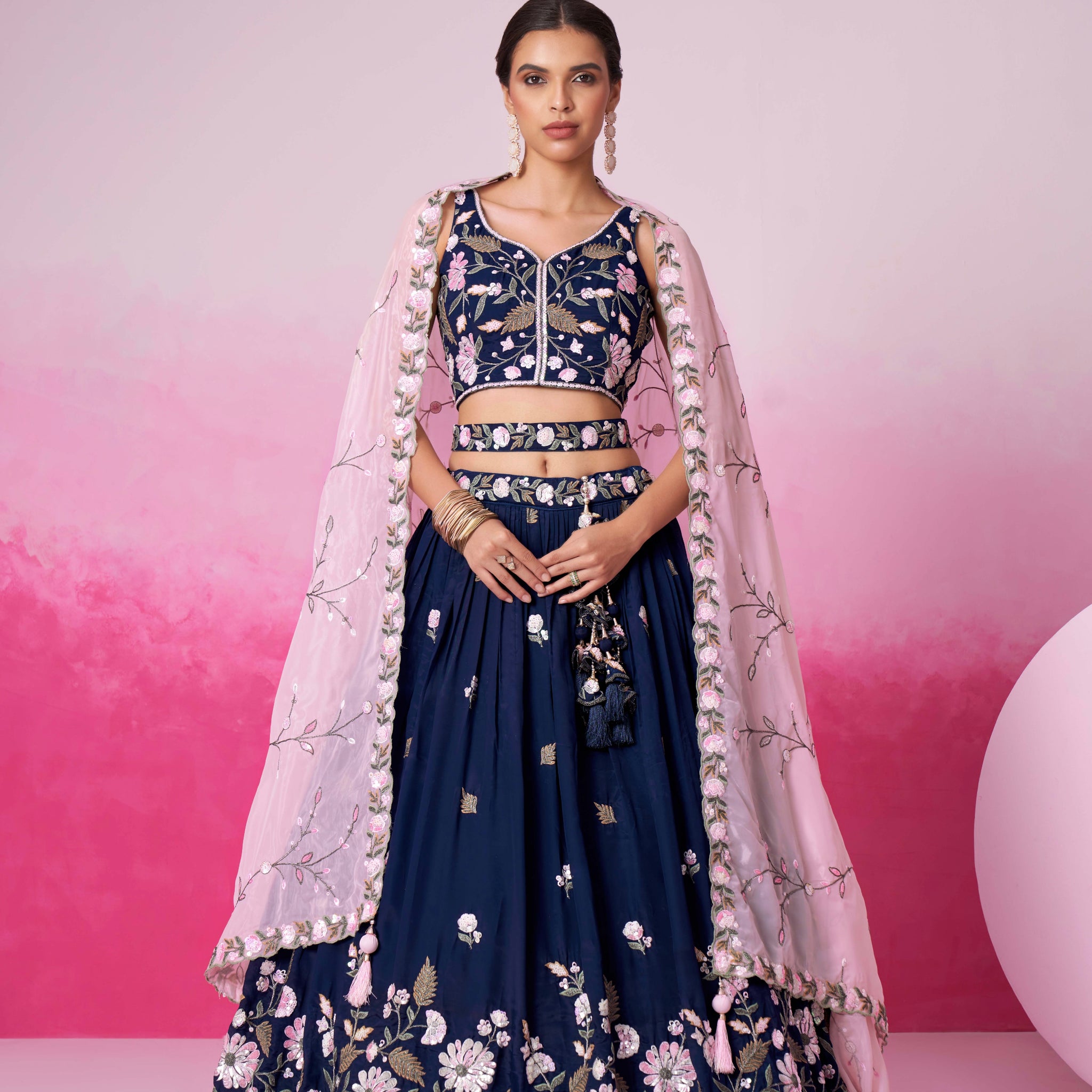 Navy Blue Organza Sequins Embroidery Lehenga Choli & Dupatta