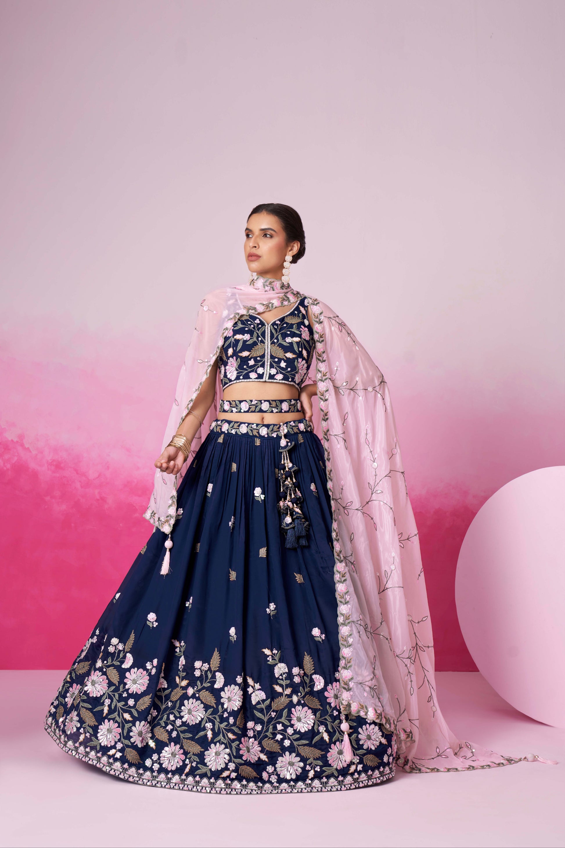 Navy Blue Organza Sequins Embroidery Lehenga Choli & Dupatta