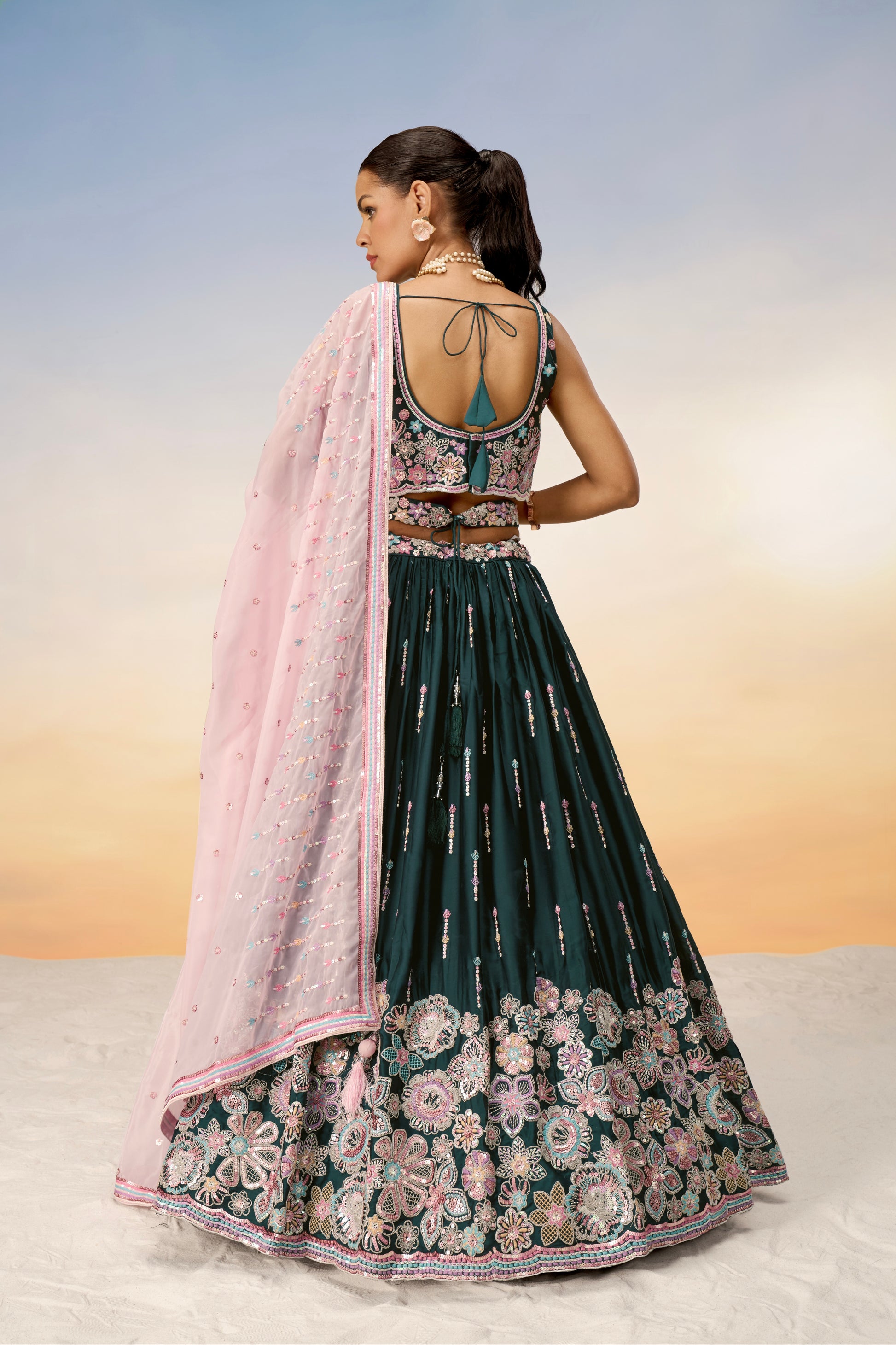 Green Satin Silk Sequins with Heavy Embroidery Lehenga Choli & Dupatta