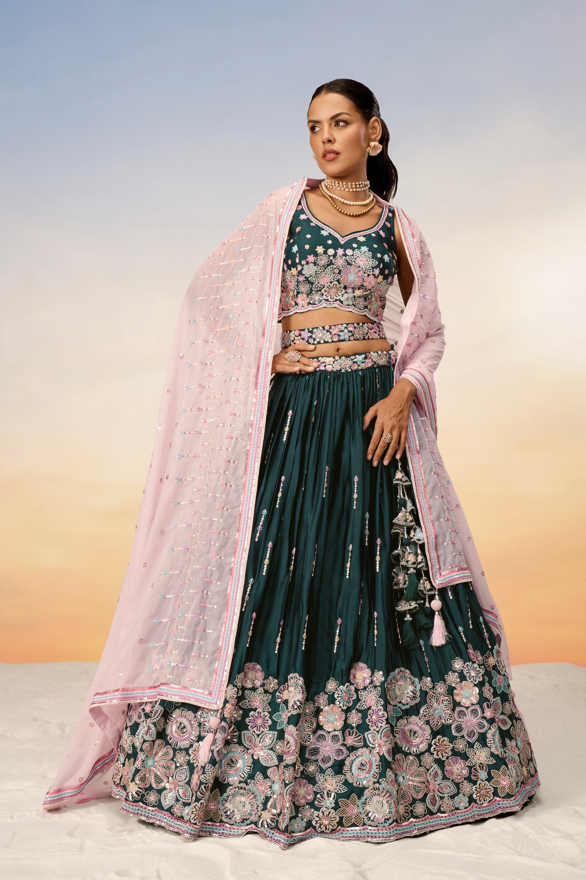 Green Satin Silk Sequins with Heavy Embroidery Lehenga Choli & Dupatta