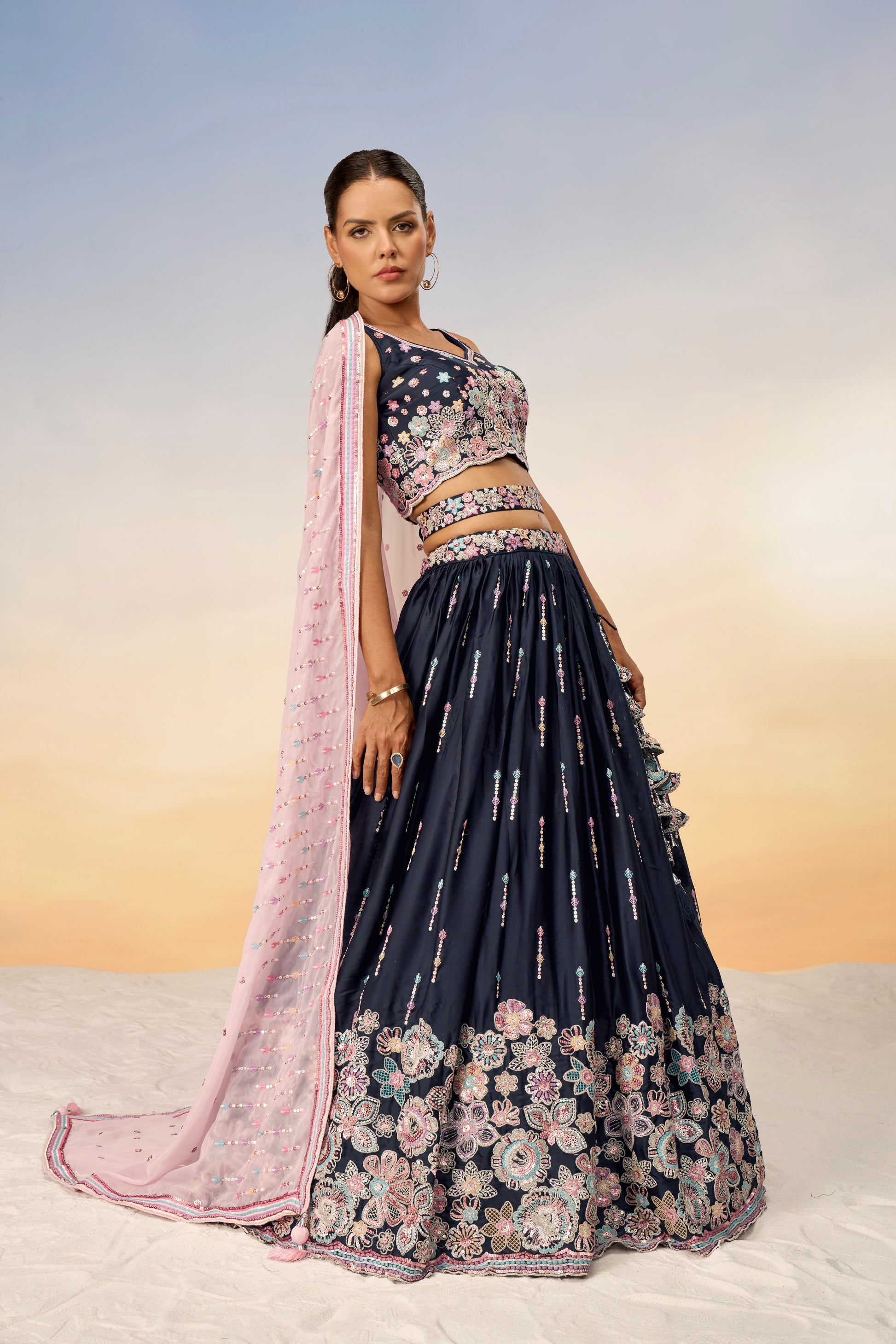 Navy Blue Satin Silk Sequins Heavy Embroidery Lehenga Choli & Dupatta