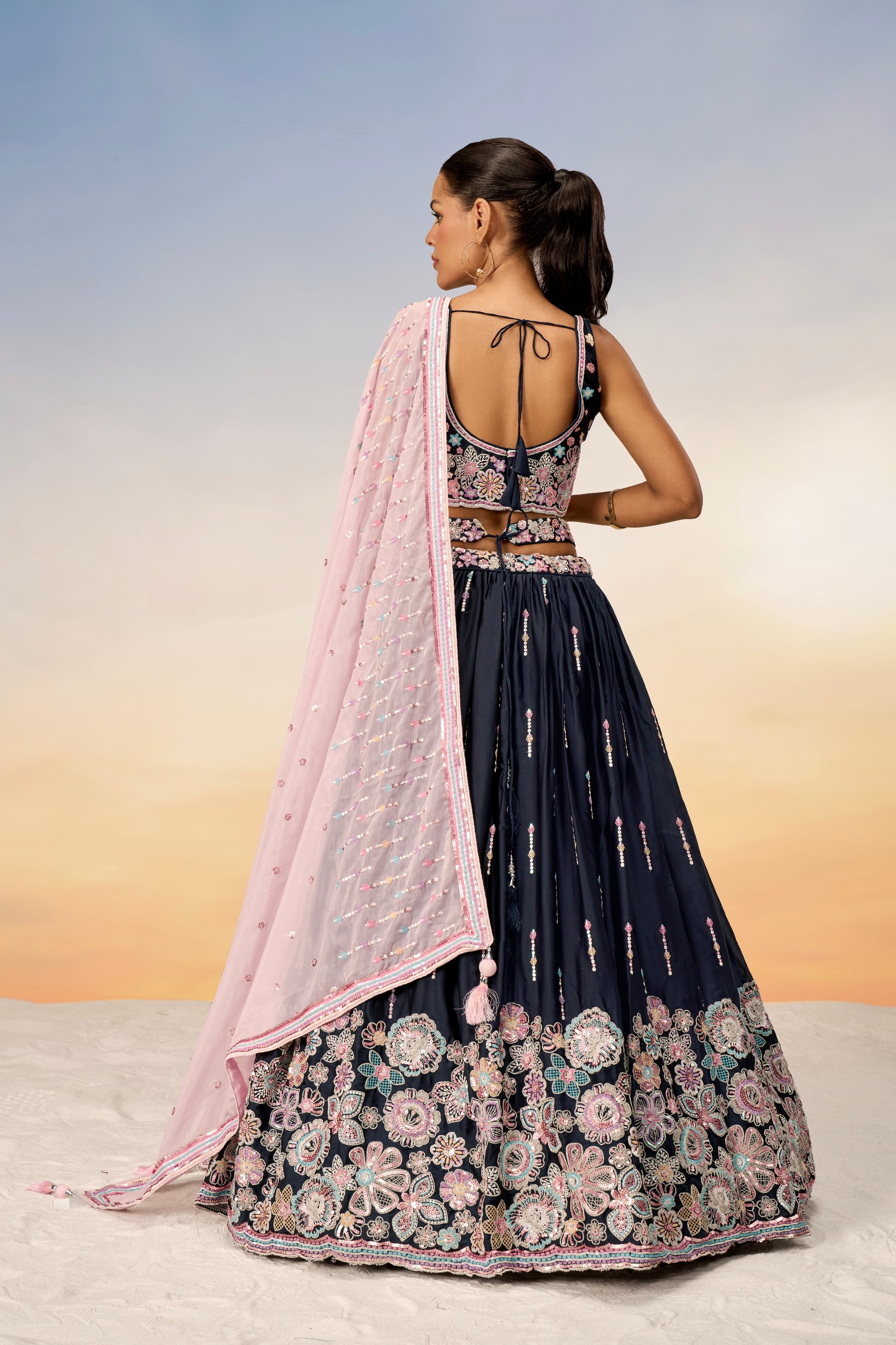 Navy Blue Satin Silk Sequins Heavy Embroidery Lehenga Choli & Dupatta