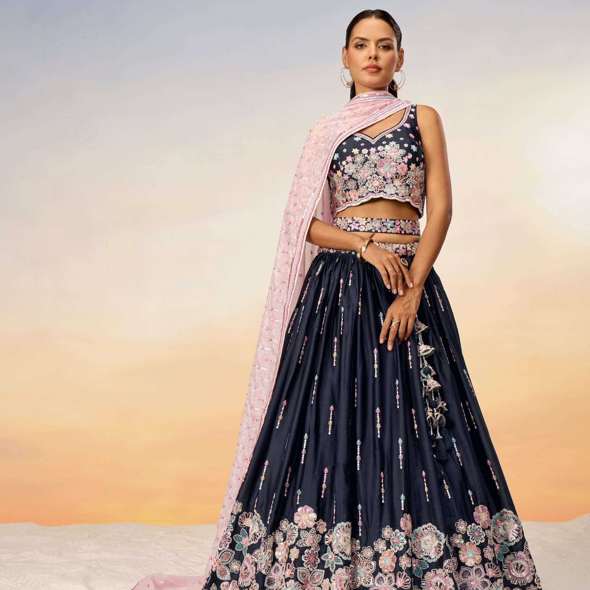 Navy Blue Satin Silk Sequins Heavy Embroidery Lehenga Choli & Dupatta