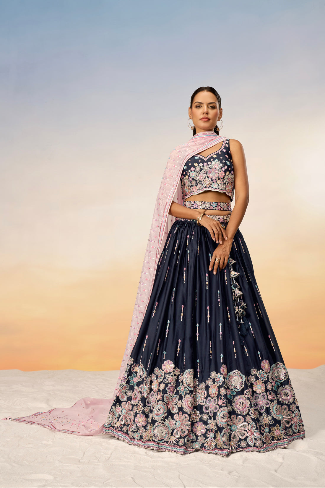 Navy Blue Satin Silk Sequins Heavy Embroidery Lehenga Choli & Dupatta