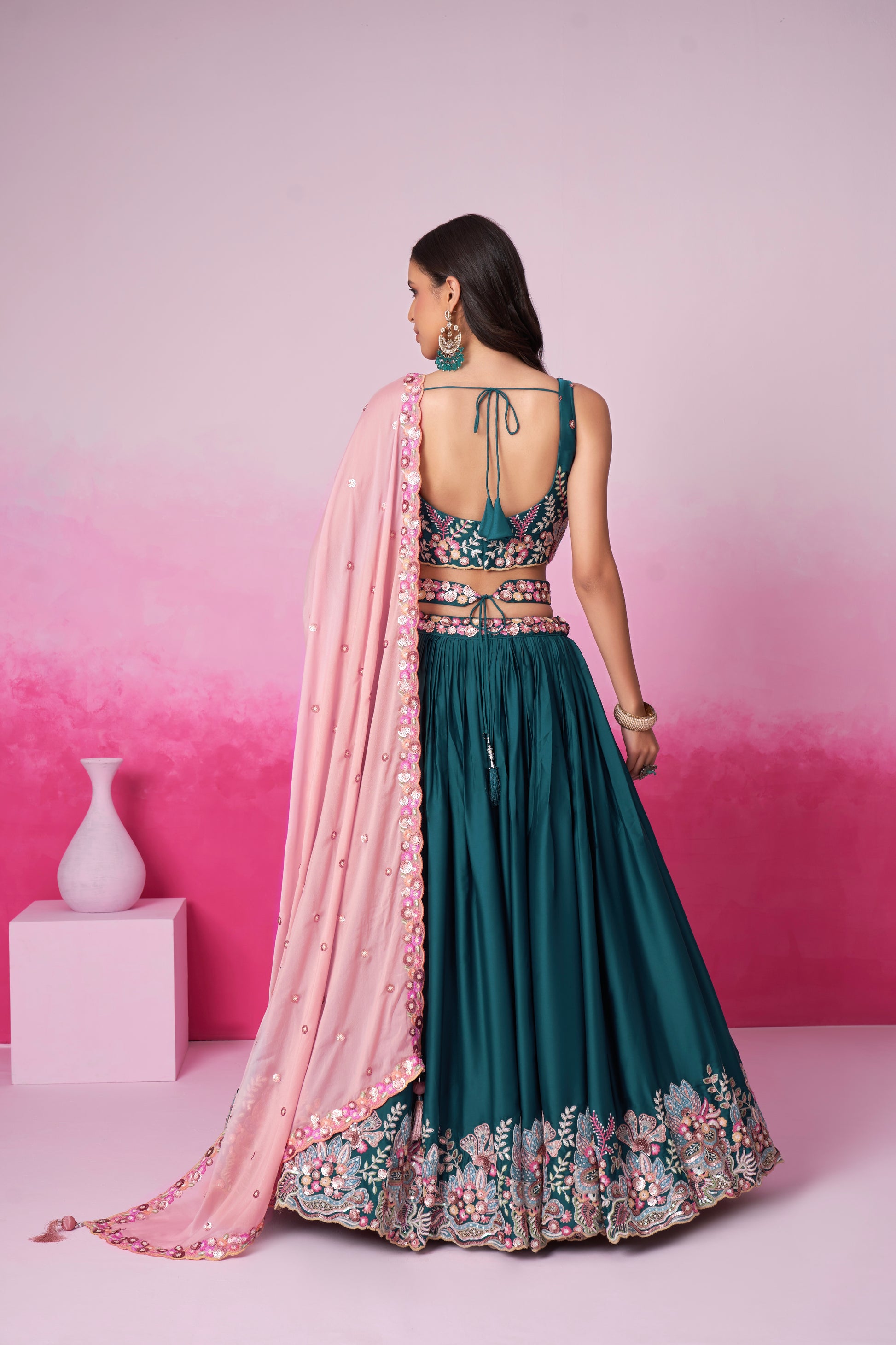 Teal Satin Silk Sequin Embroidery Lehenga Choli & Dupatta