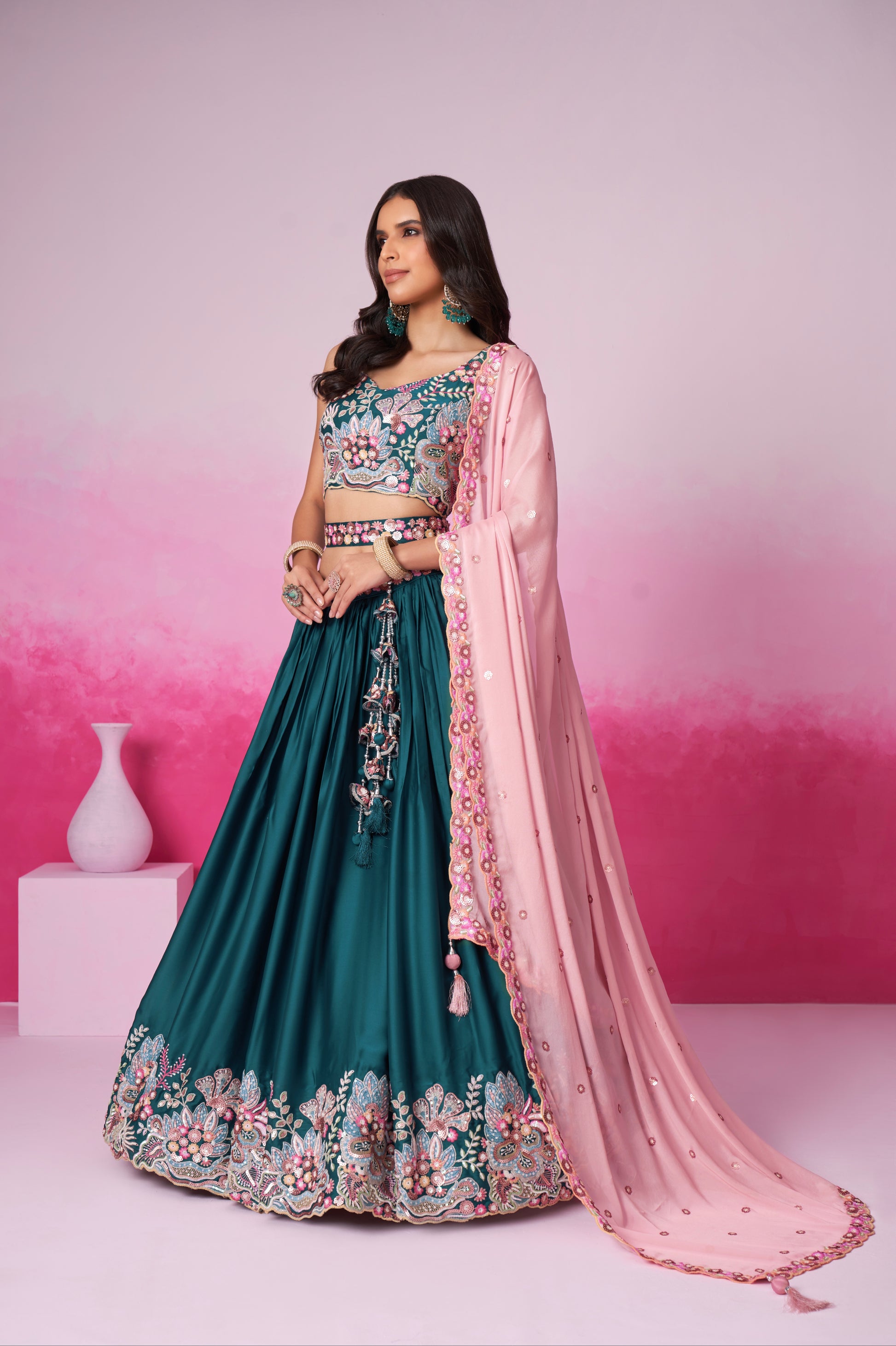 Teal Satin Silk Sequin Embroidery Lehenga Choli & Dupatta