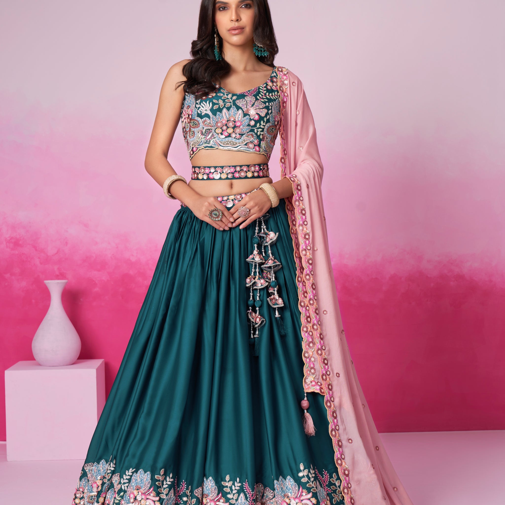 Teal Satin Silk Sequin Embroidery Lehenga Choli & Dupatta