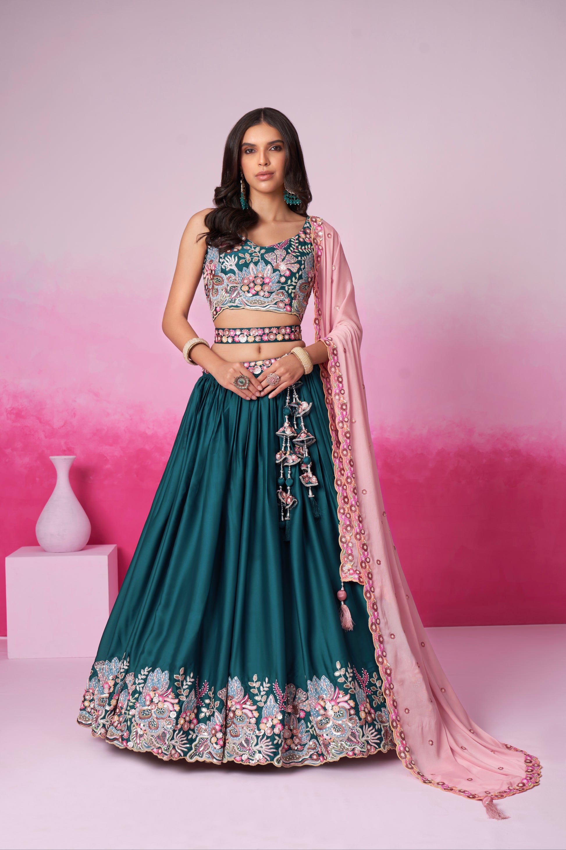 Teal Satin Silk Sequin Embroidery Lehenga Choli & Dupatta