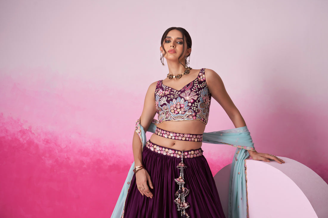 Burgundy Satin Silk Sequin Embroidery Lehenga Choli & Dupatta