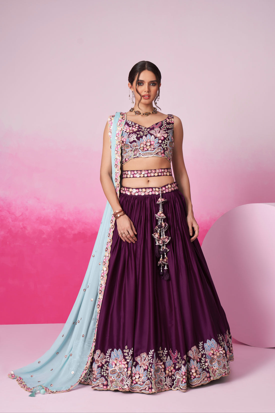 Burgundy Satin Silk Sequin Embroidery Lehenga Choli & Dupatta