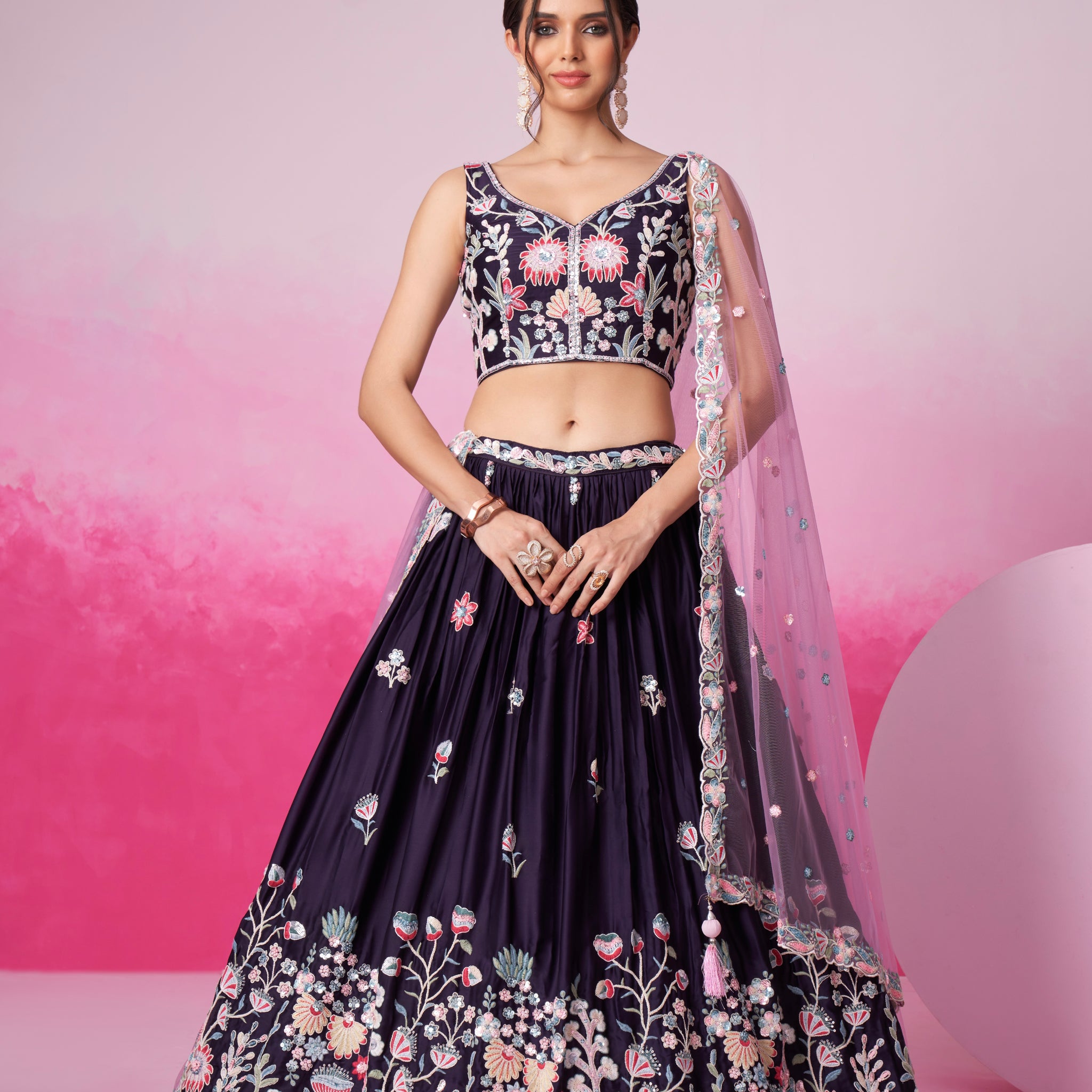 Purple Satin Silk Sequin Embroidery Lehenga Choli & Dupatta