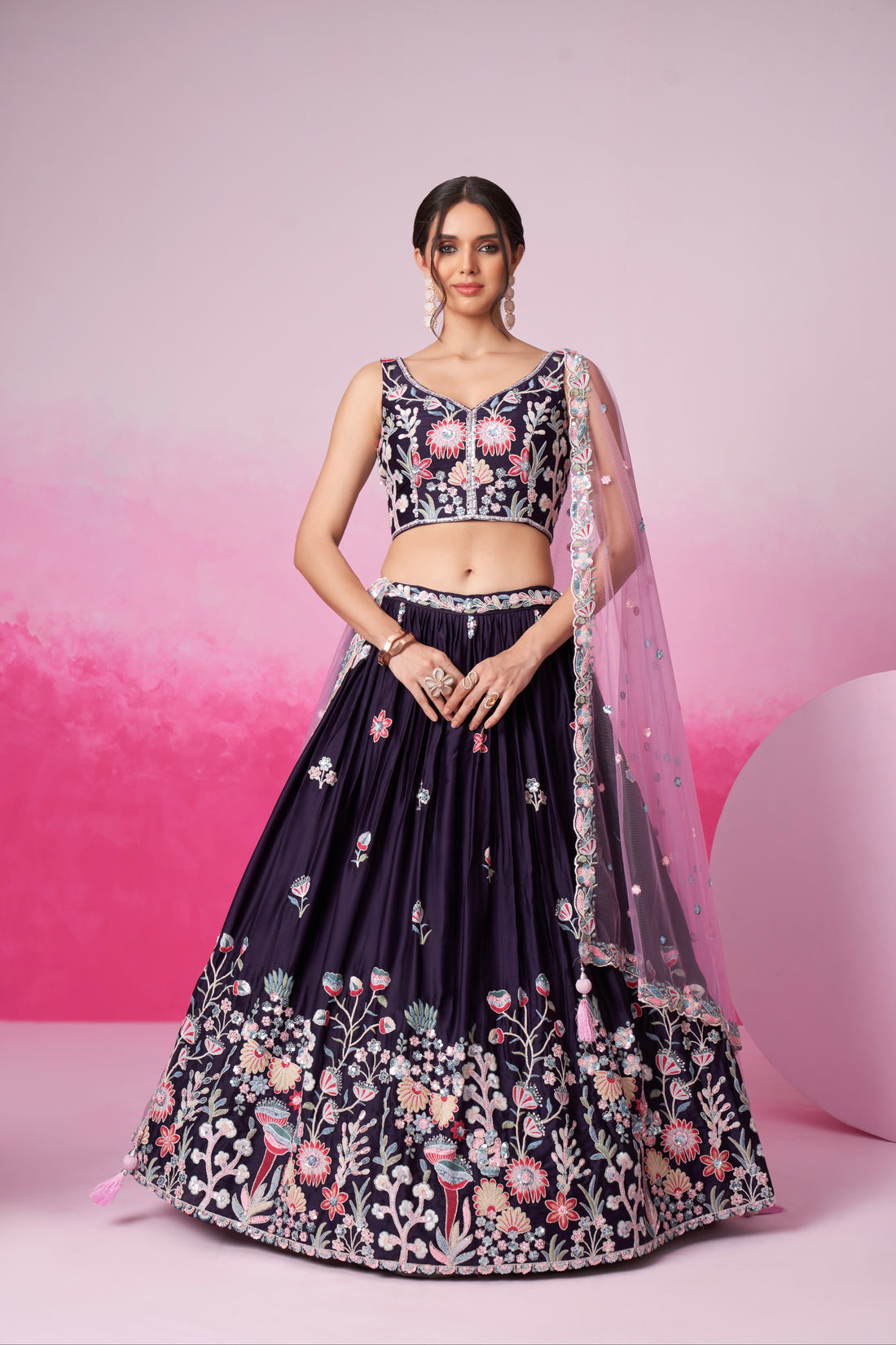 Purple Satin Silk Sequin Embroidery Lehenga Choli & Dupatta