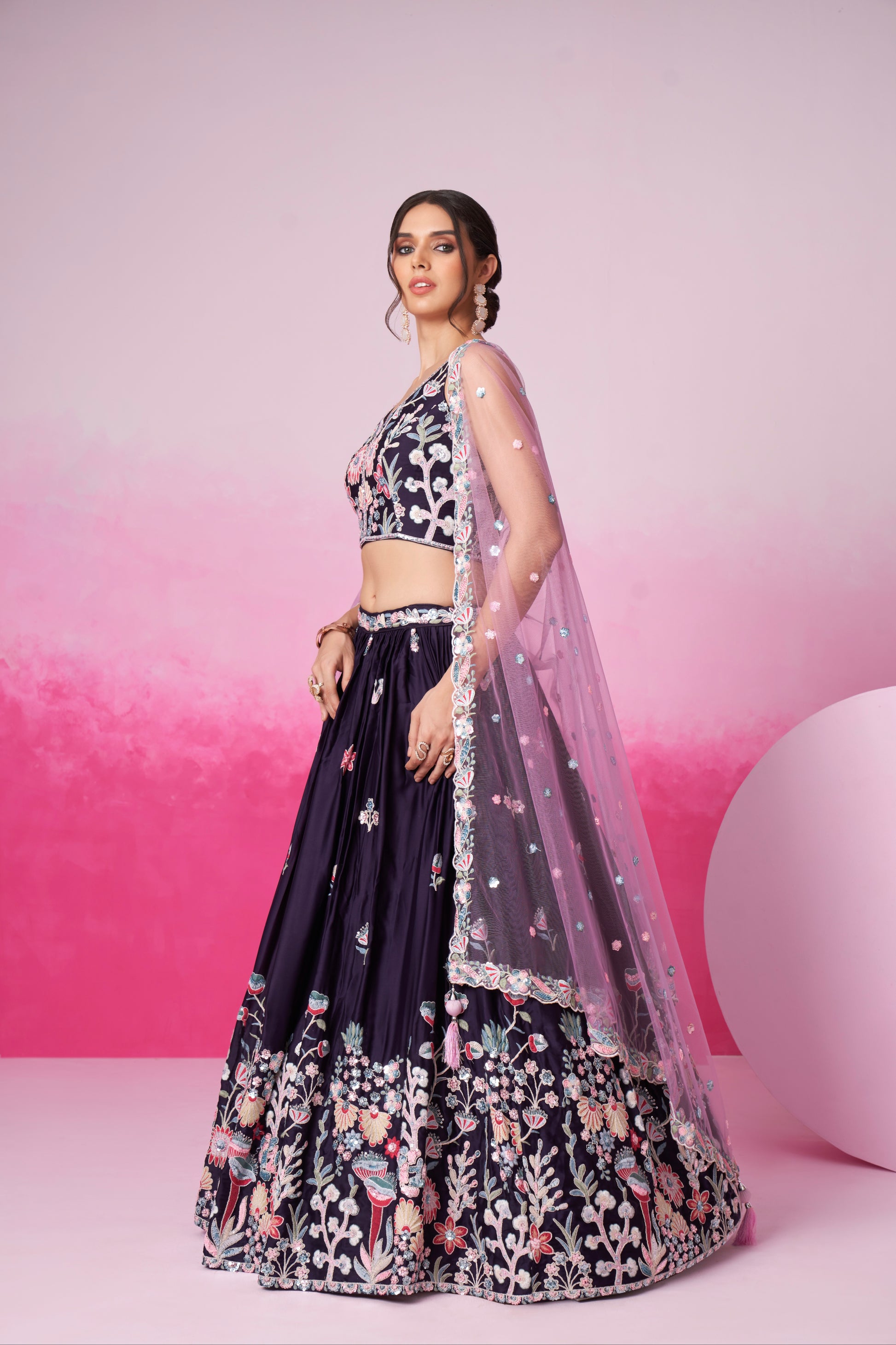 Purple Satin Silk Sequin Embroidery Lehenga Choli & Dupatta