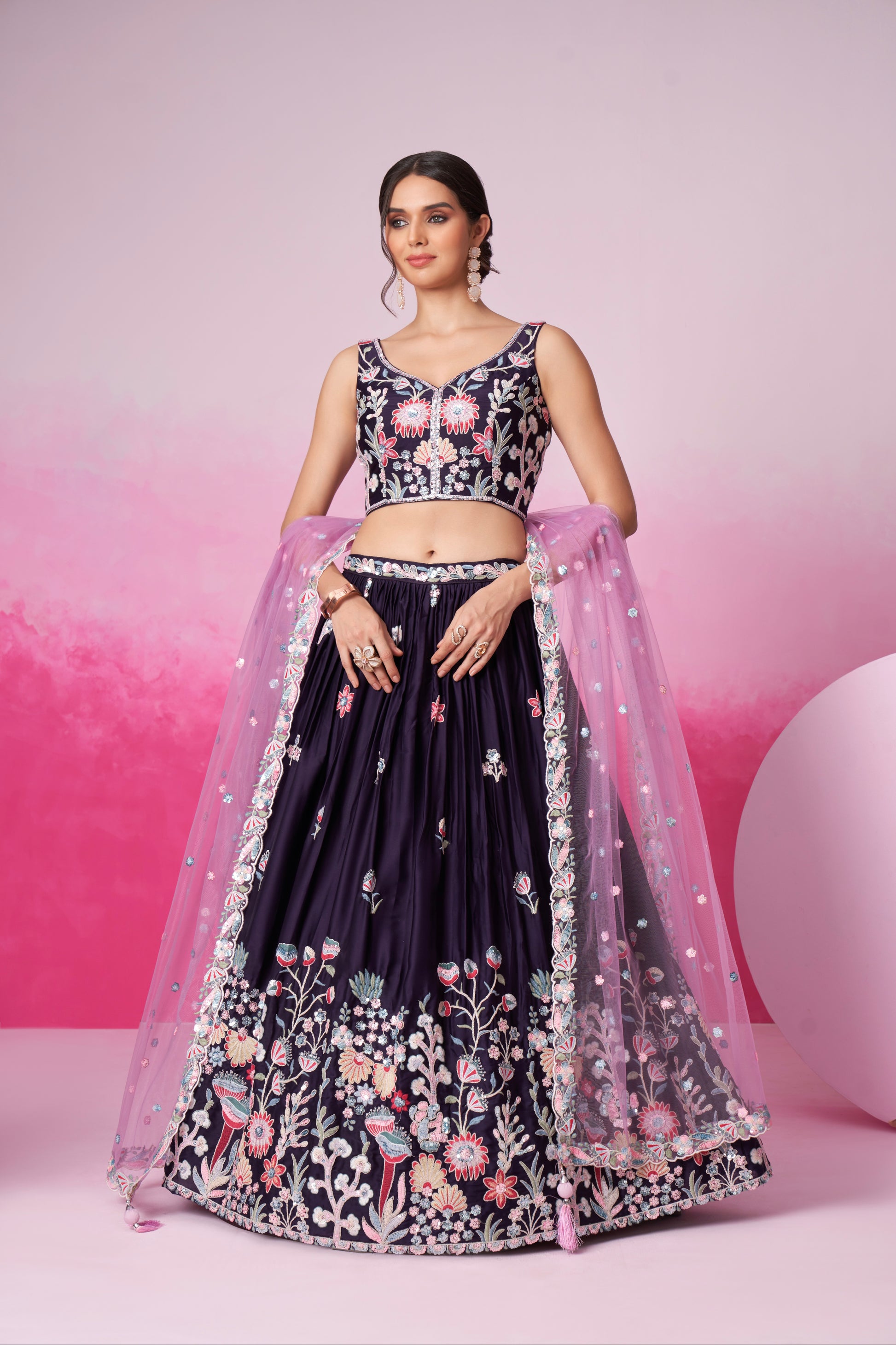 Purple Satin Silk Sequin Embroidery Lehenga Choli & Dupatta