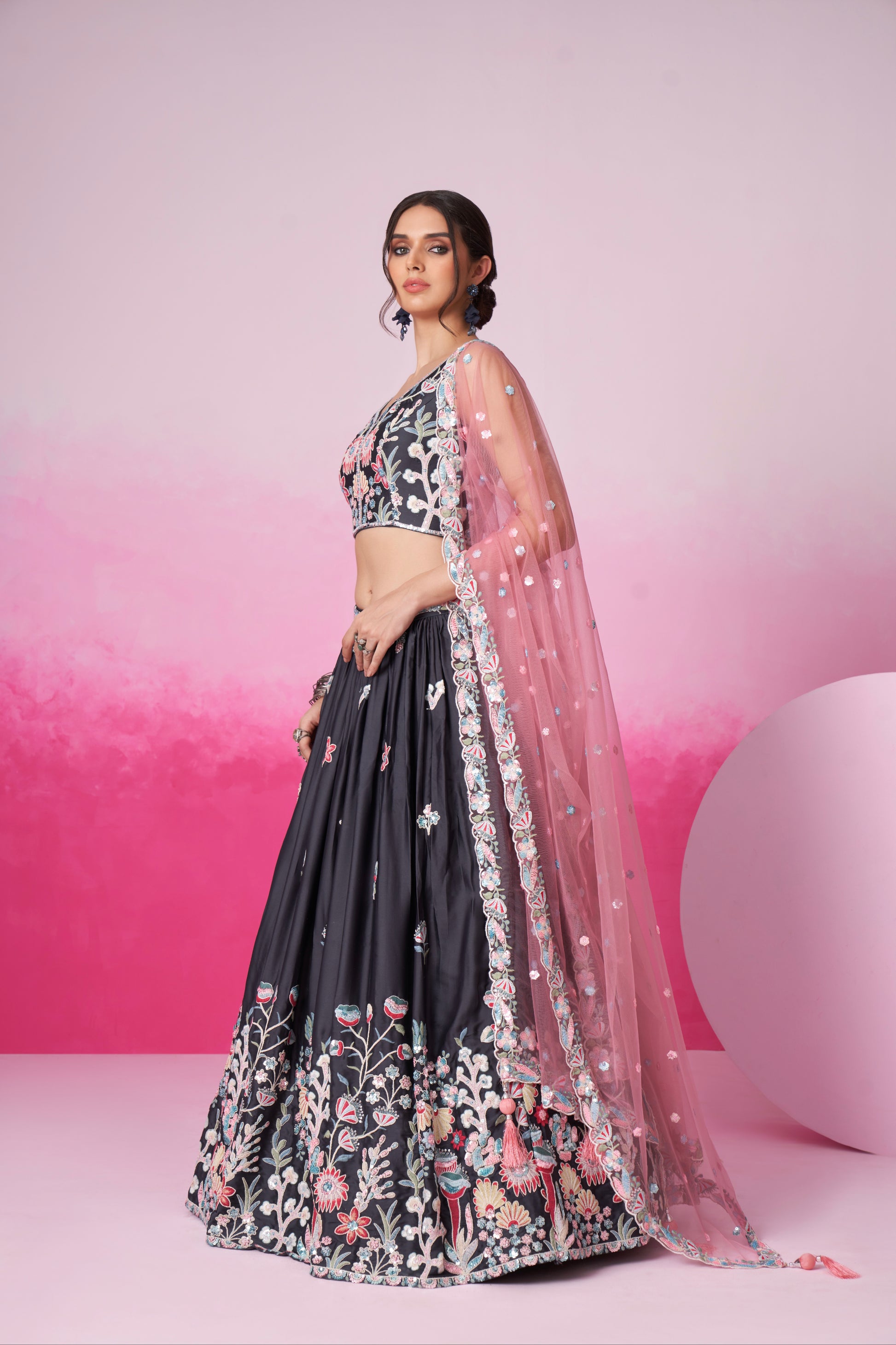 Grey Satin Silk Sequin Embroidery Lehenga Choli & Dupatta