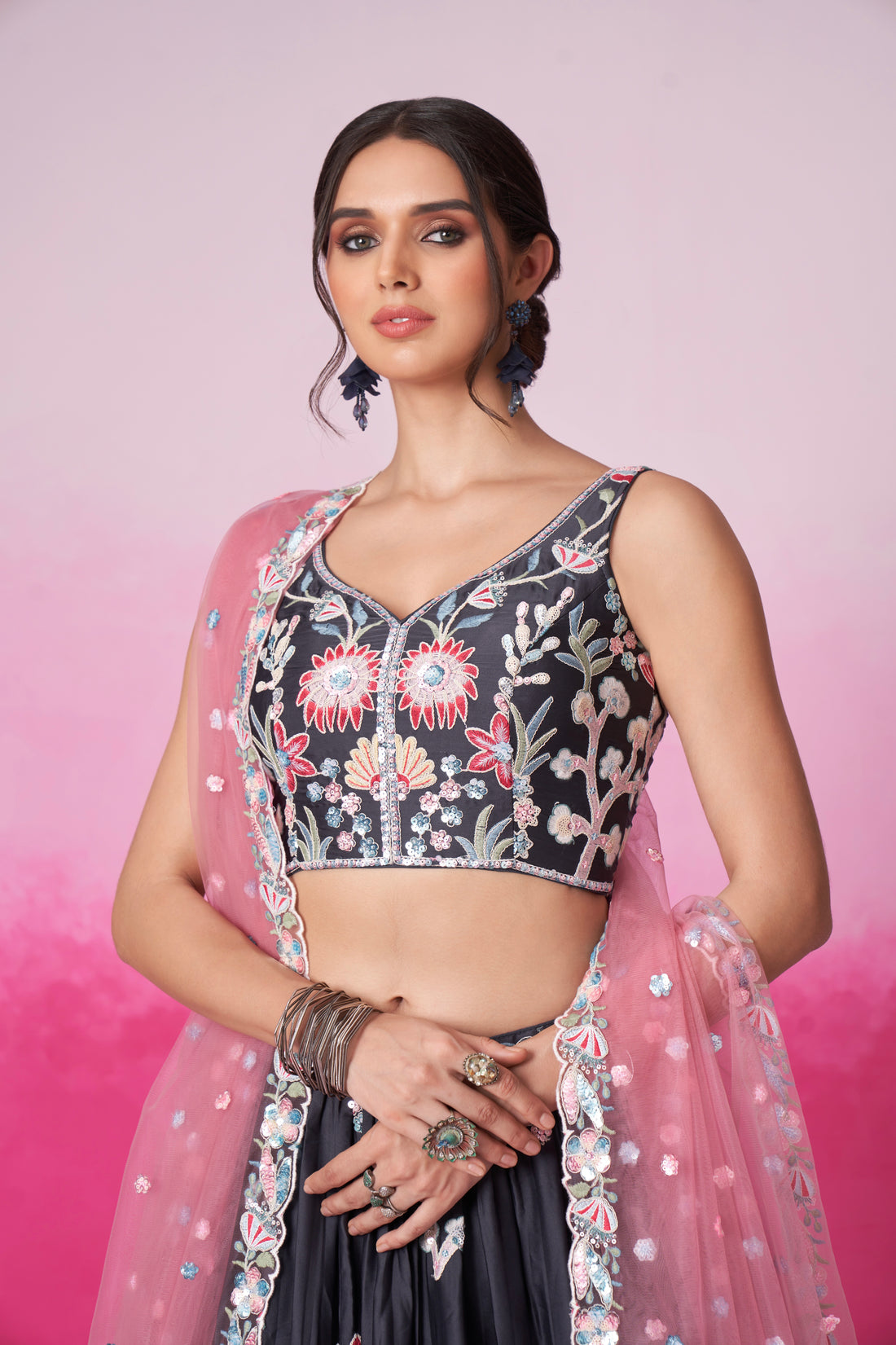 Grey Satin Silk Sequin Embroidery Lehenga Choli & Dupatta