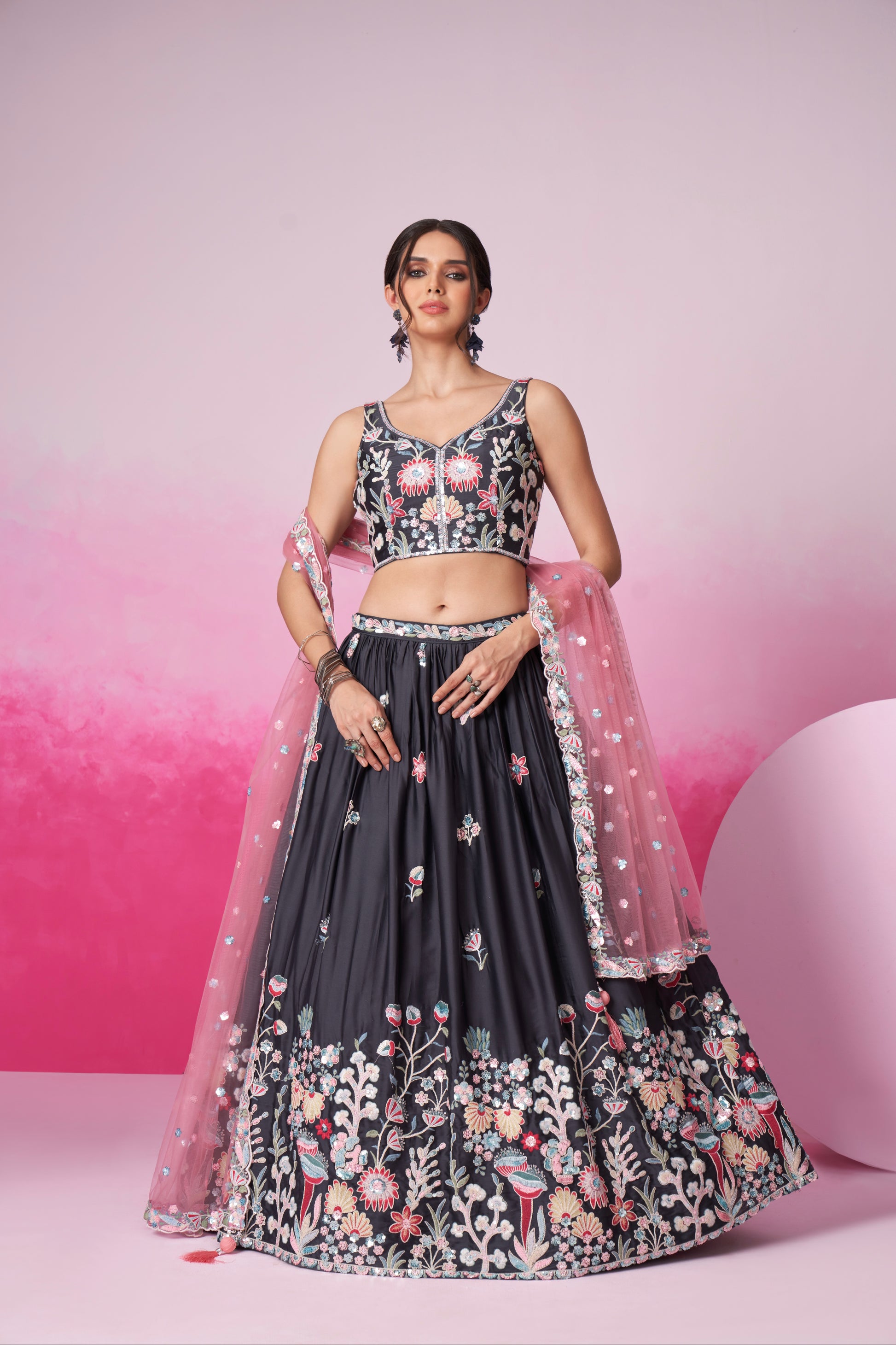 Grey Satin Silk Sequin Embroidery Lehenga Choli & Dupatta