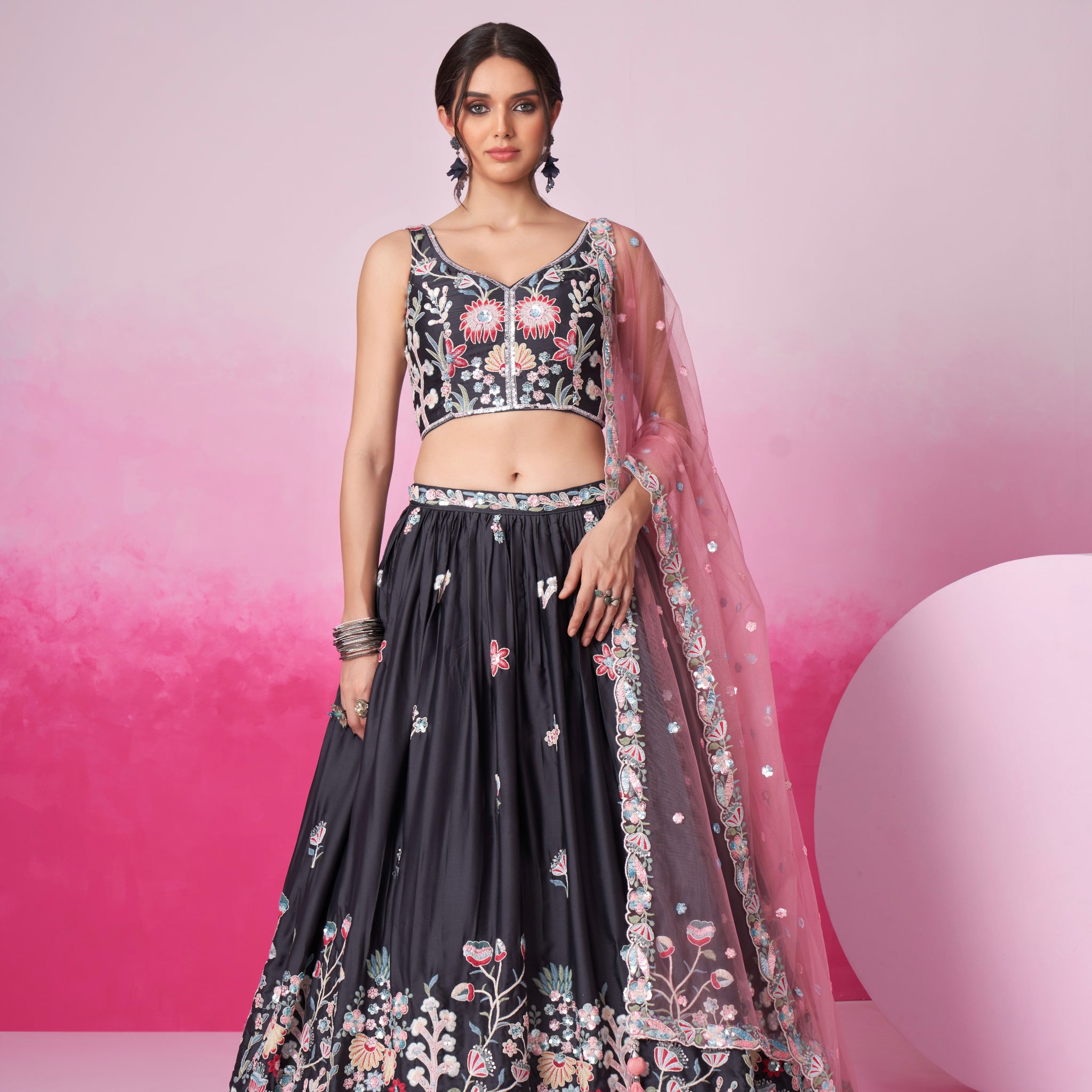 Grey Satin Silk Sequin Embroidery Lehenga Choli & Dupatta