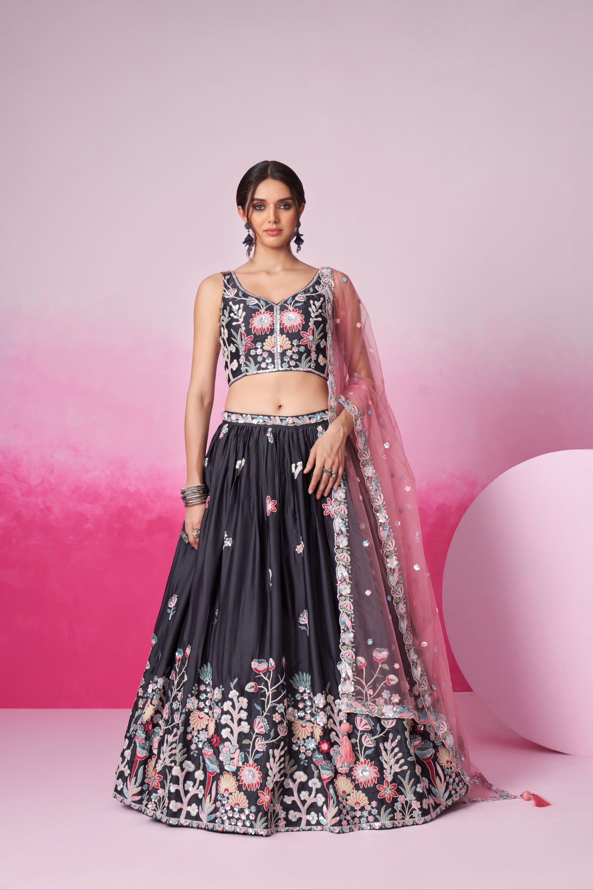 Grey Satin Silk Sequin Embroidery Lehenga Choli & Dupatta