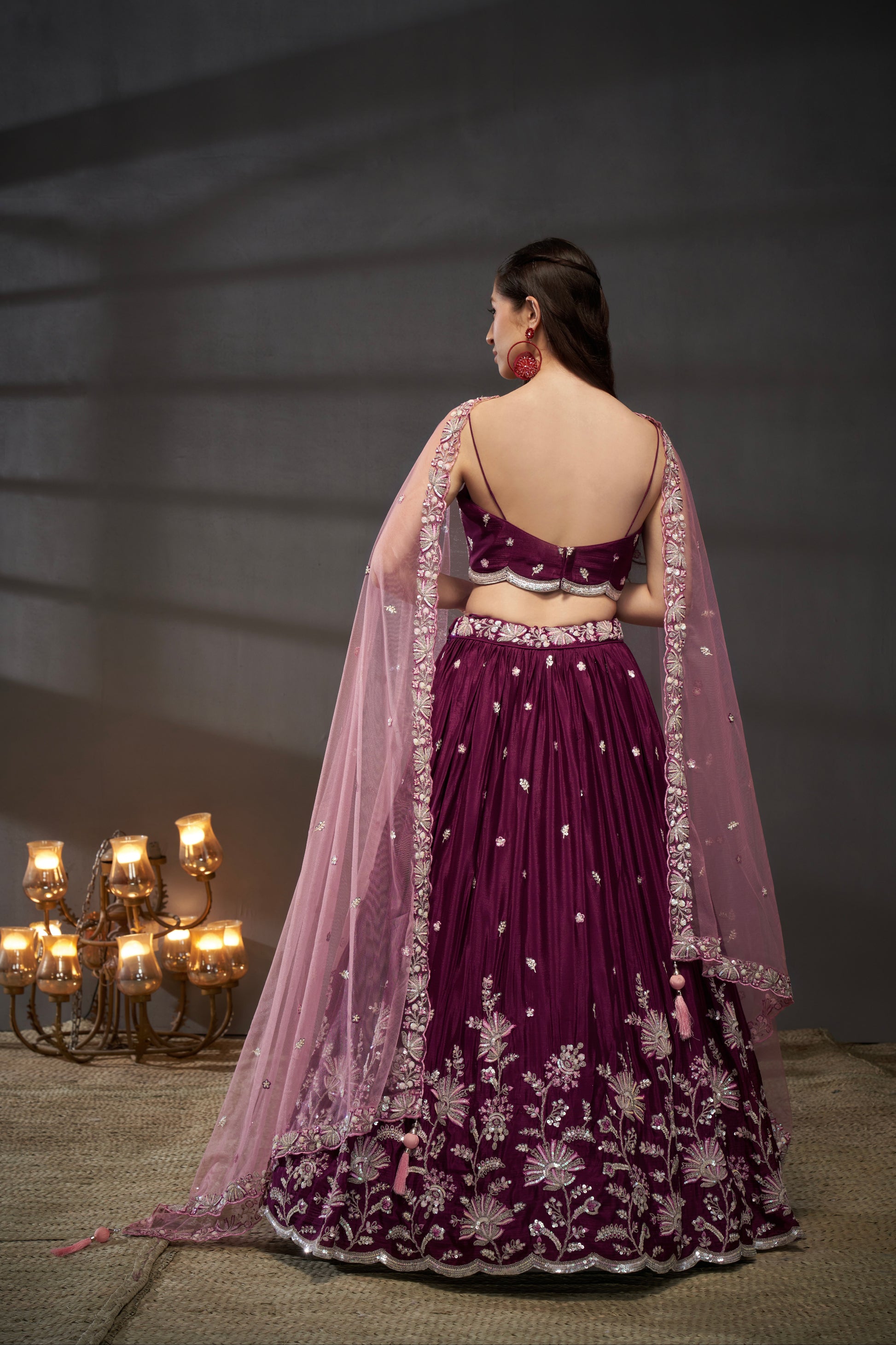 Burgundy Pure Chiffon Sequins Embroidery Lehenga Choli & Dupatta