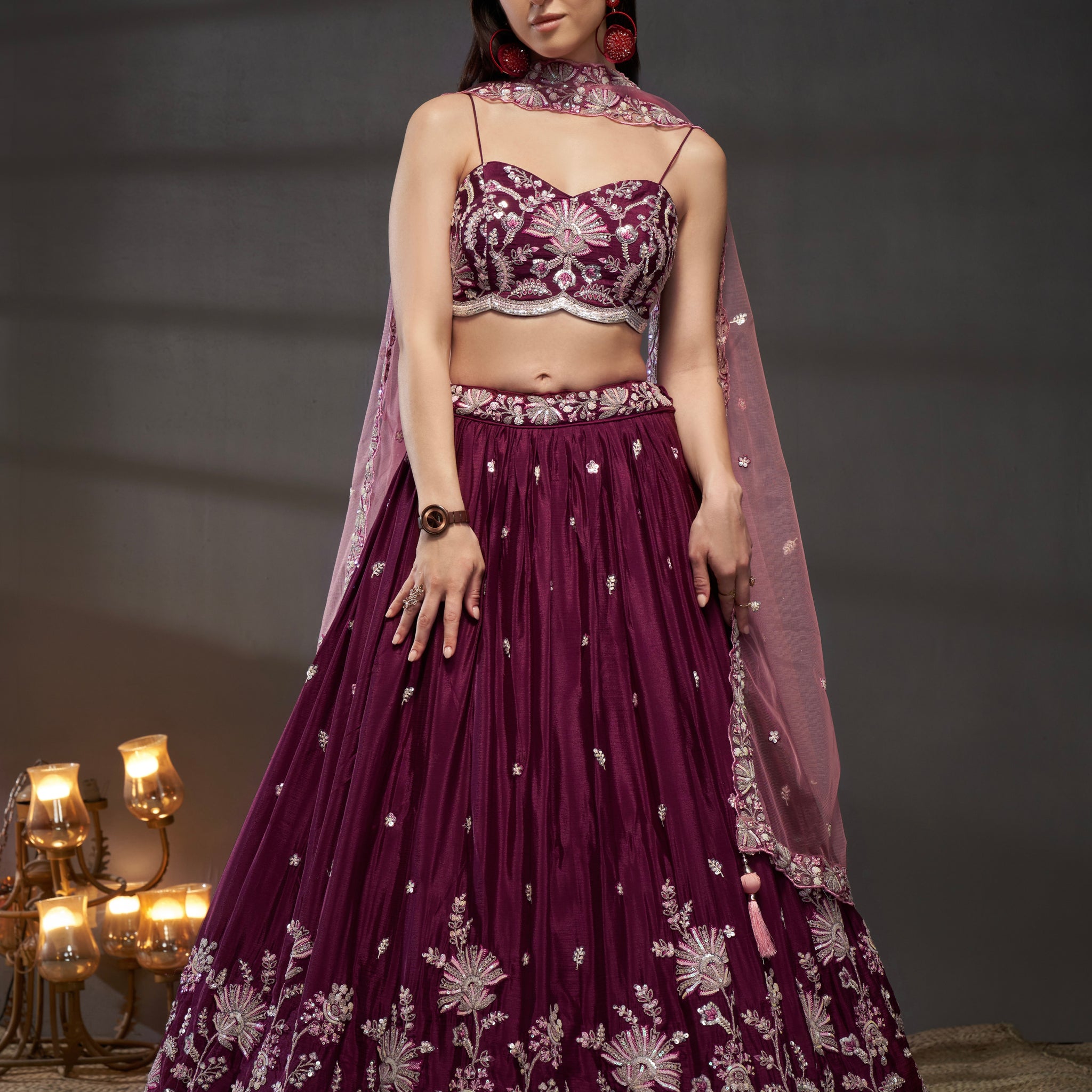 Burgundy Pure Chiffon Sequins Embroidery Lehenga Choli & Dupatta