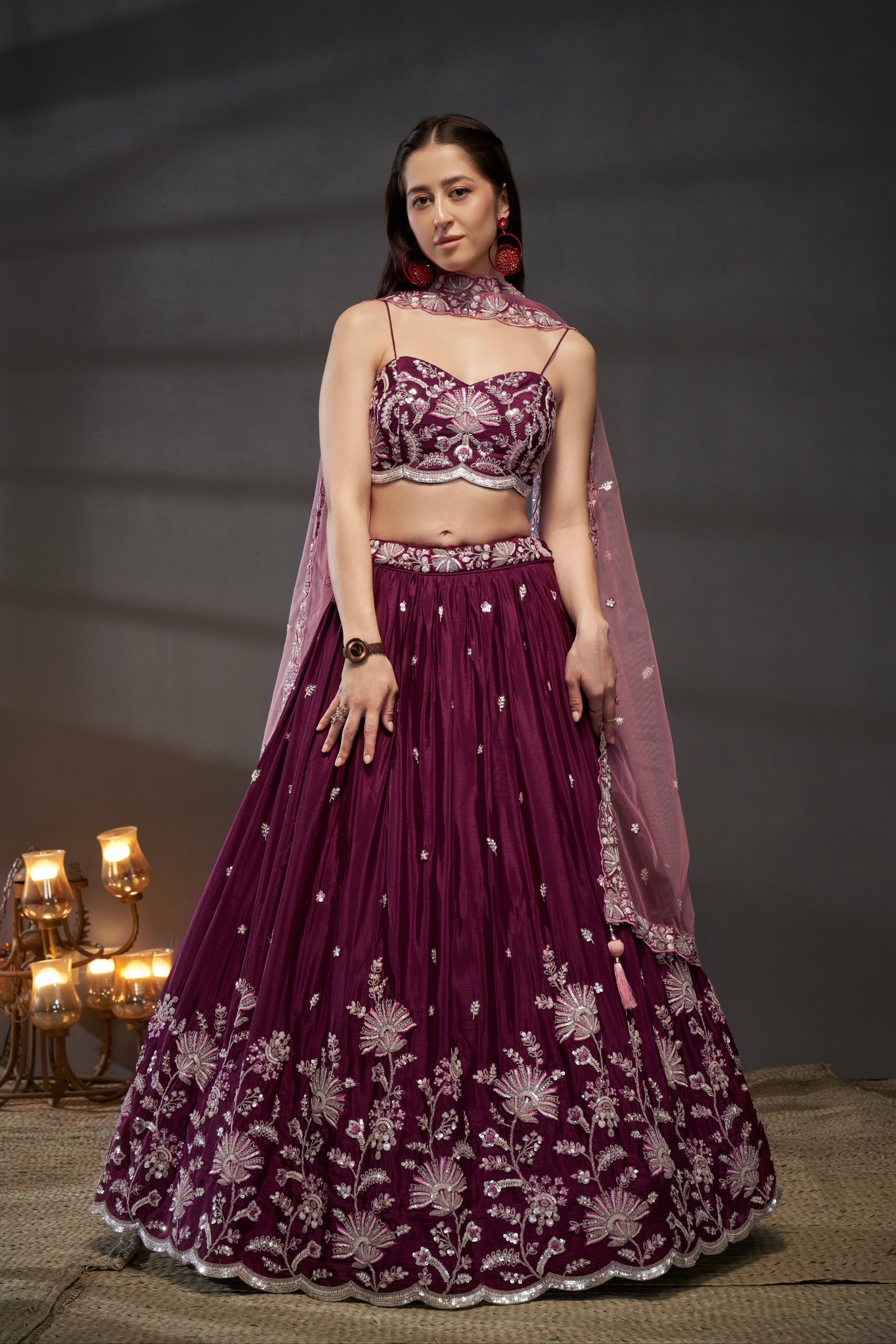 Burgundy Pure Chiffon Sequins Embroidery Lehenga Choli & Dupatta