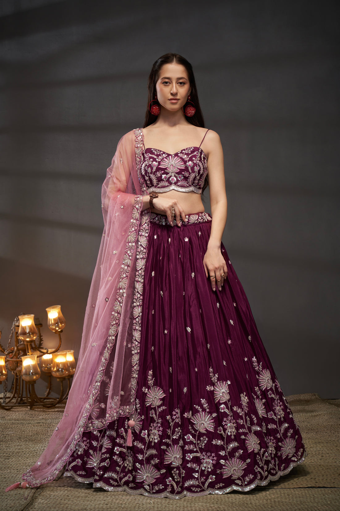 Burgundy Pure Chiffon Sequins Embroidery Lehenga Choli & Dupatta