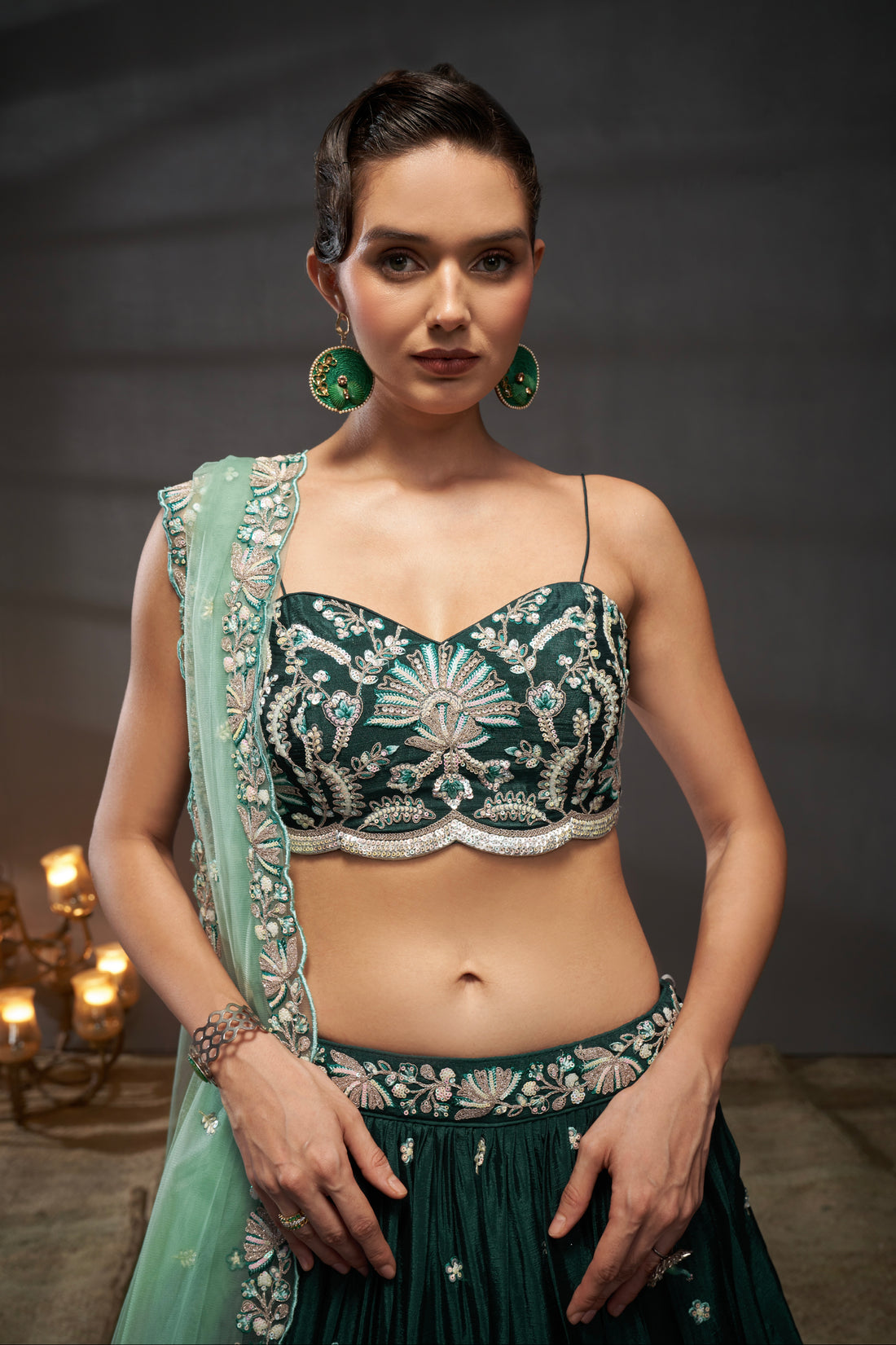 Green Pure Chiffon Sequins Embroidery Lehenga Choli & Dupatta