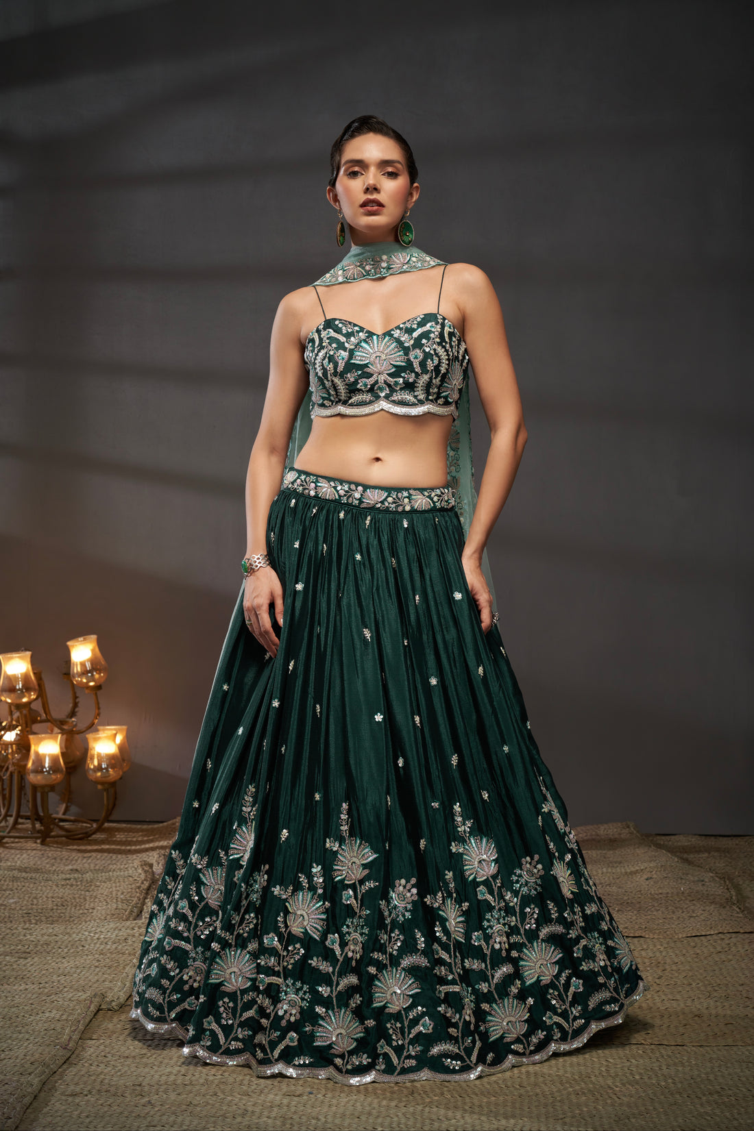 Green Pure Chiffon Sequins Embroidery Lehenga Choli & Dupatta