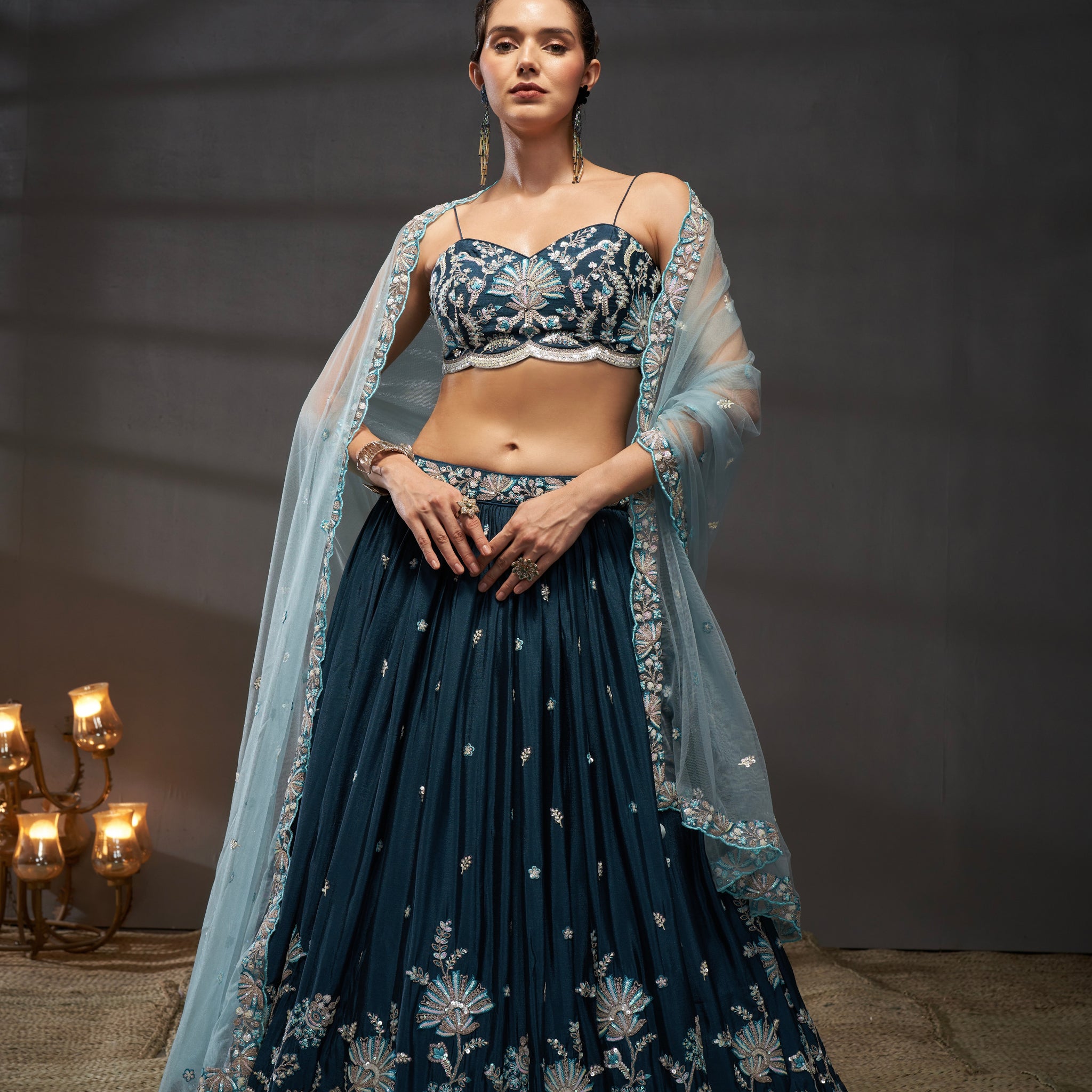 Teal Pure Chiffon Sequins Embroidery Lehenga Choli & Dupatta