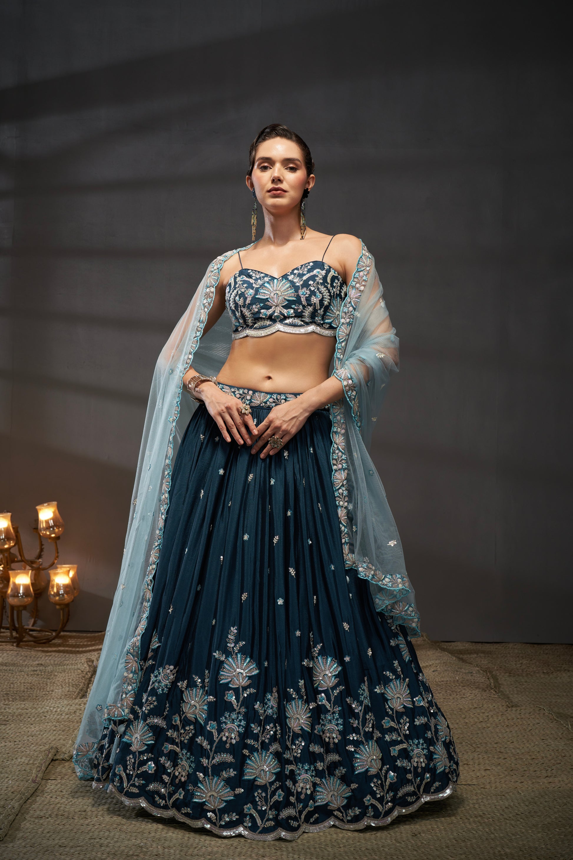 Teal Pure Chiffon Sequins Embroidery Lehenga Choli & Dupatta