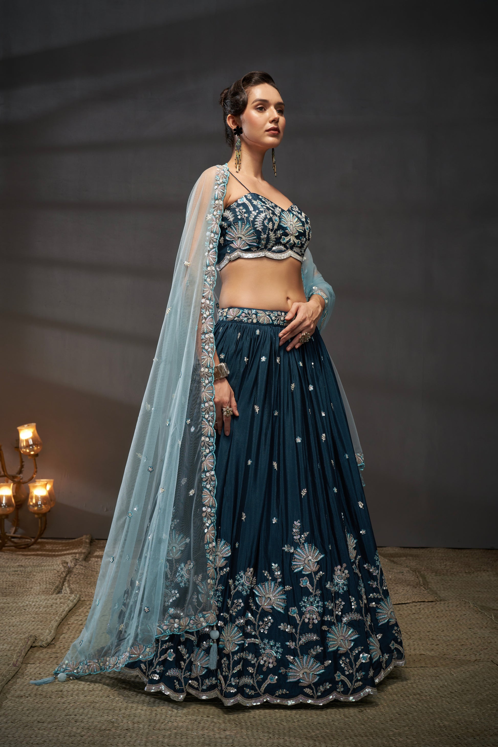 Teal Pure Chiffon Sequins Embroidery Lehenga Choli & Dupatta