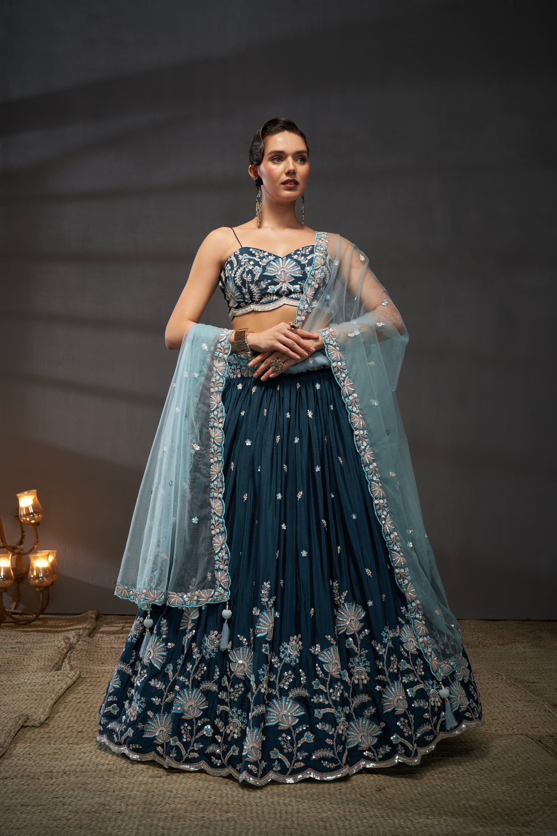 Teal Pure Chiffon Sequins Embroidery Lehenga Choli & Dupatta