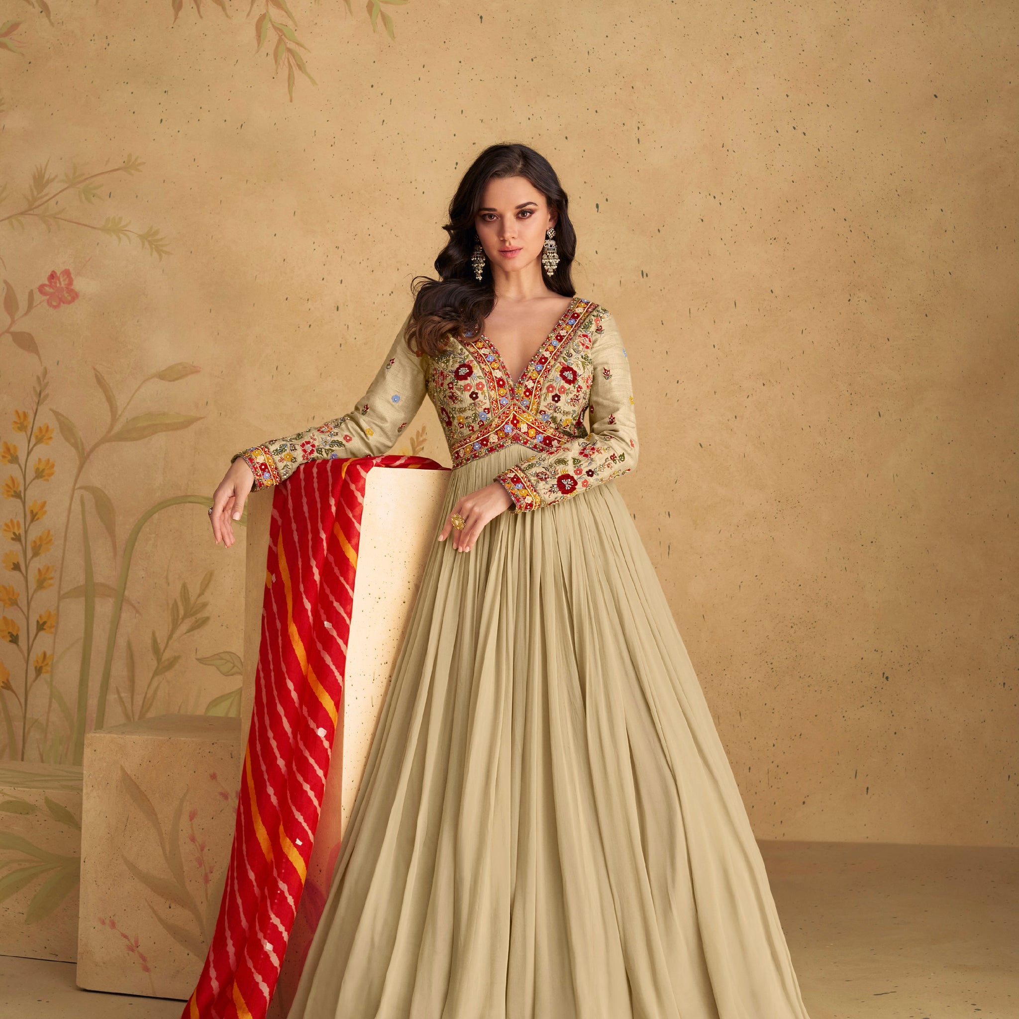 Beige Chinon Silk Anarkali Suit with Front and Back Embroidery