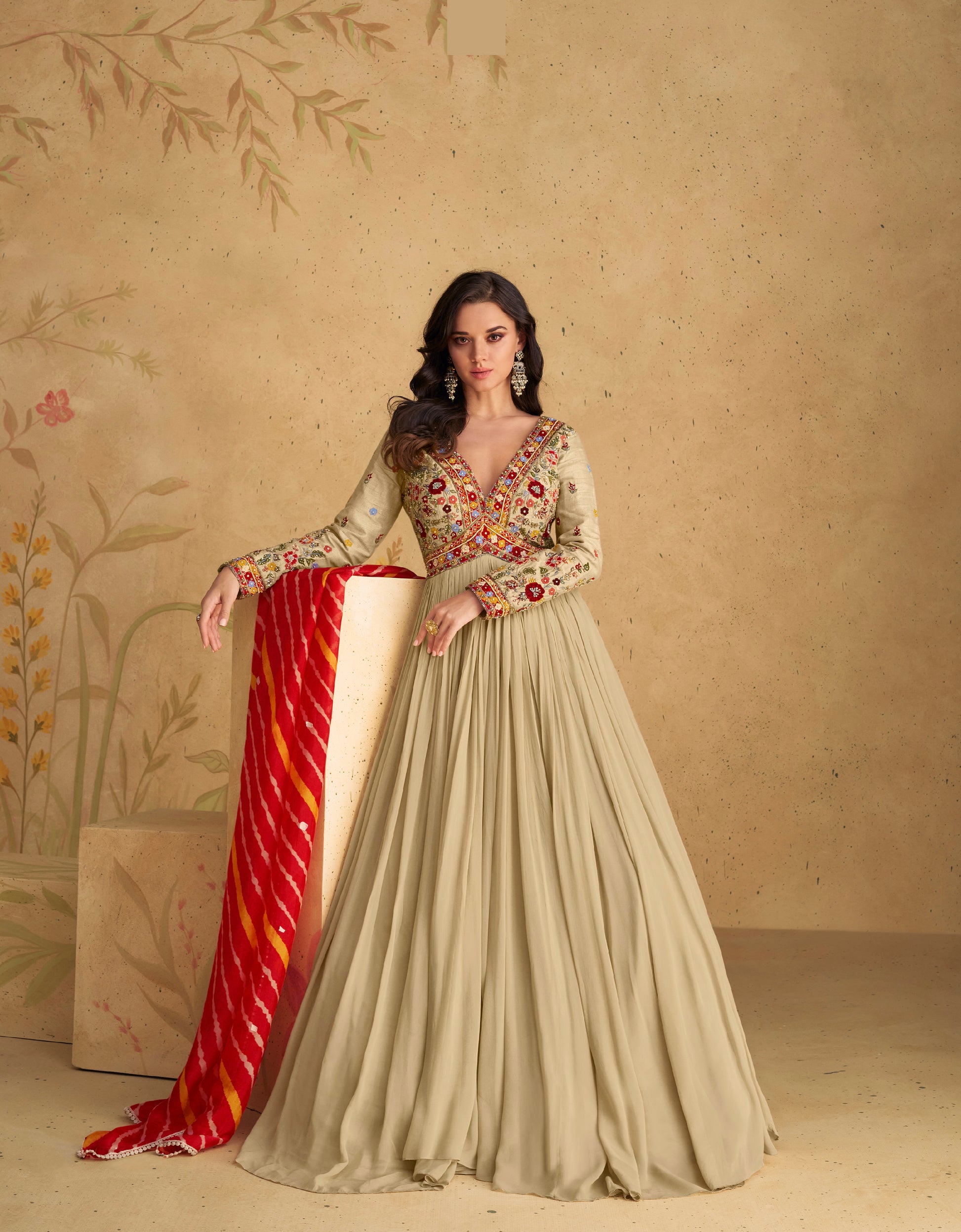 Beige Chinon Silk Anarkali Suit with Front and Back Embroidery