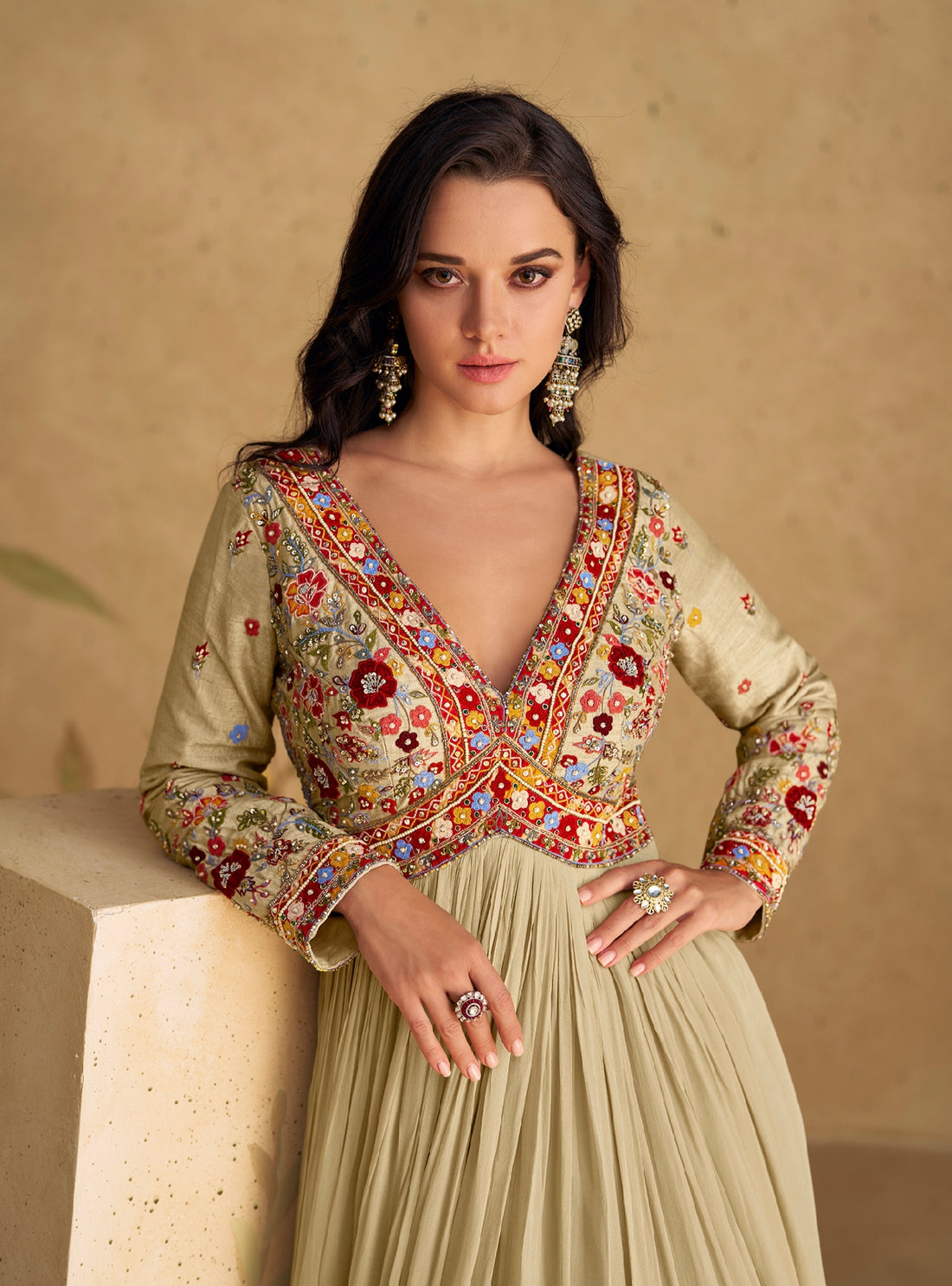 Beige Chinon Silk Anarkali Suit with Front and Back Embroidery