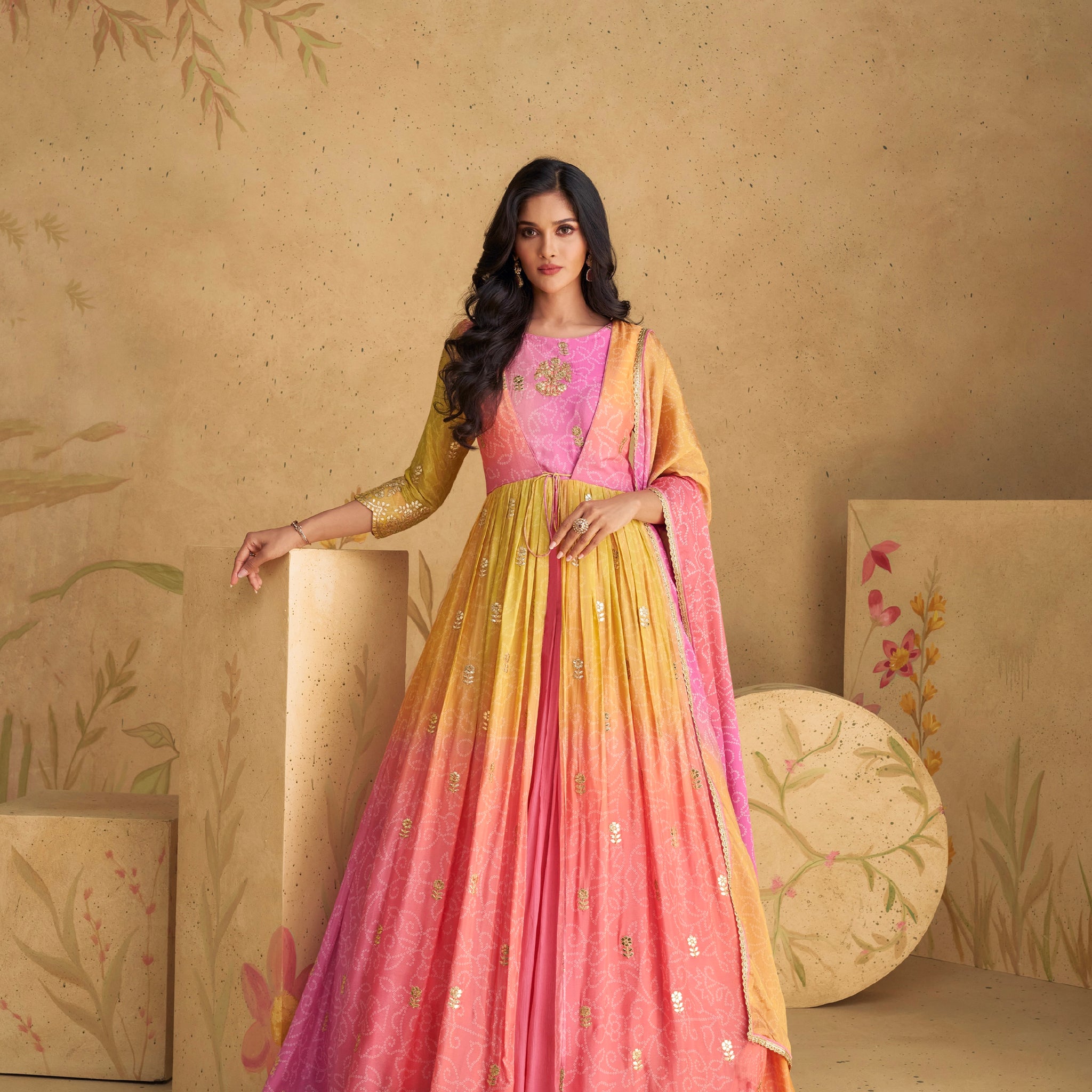 Yellow and Pink Chinon Silk Anarkali Suit with Embroidery