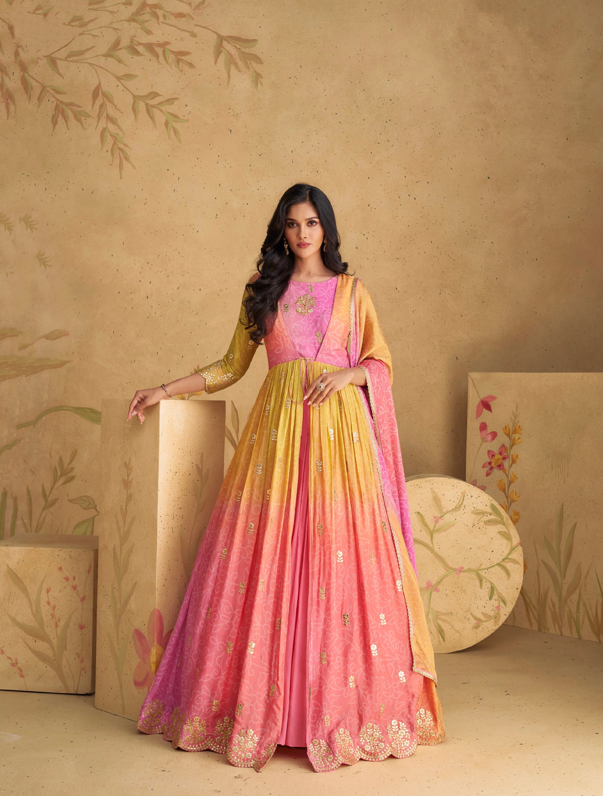 Yellow and Pink Chinon Silk Anarkali Suit with Embroidery