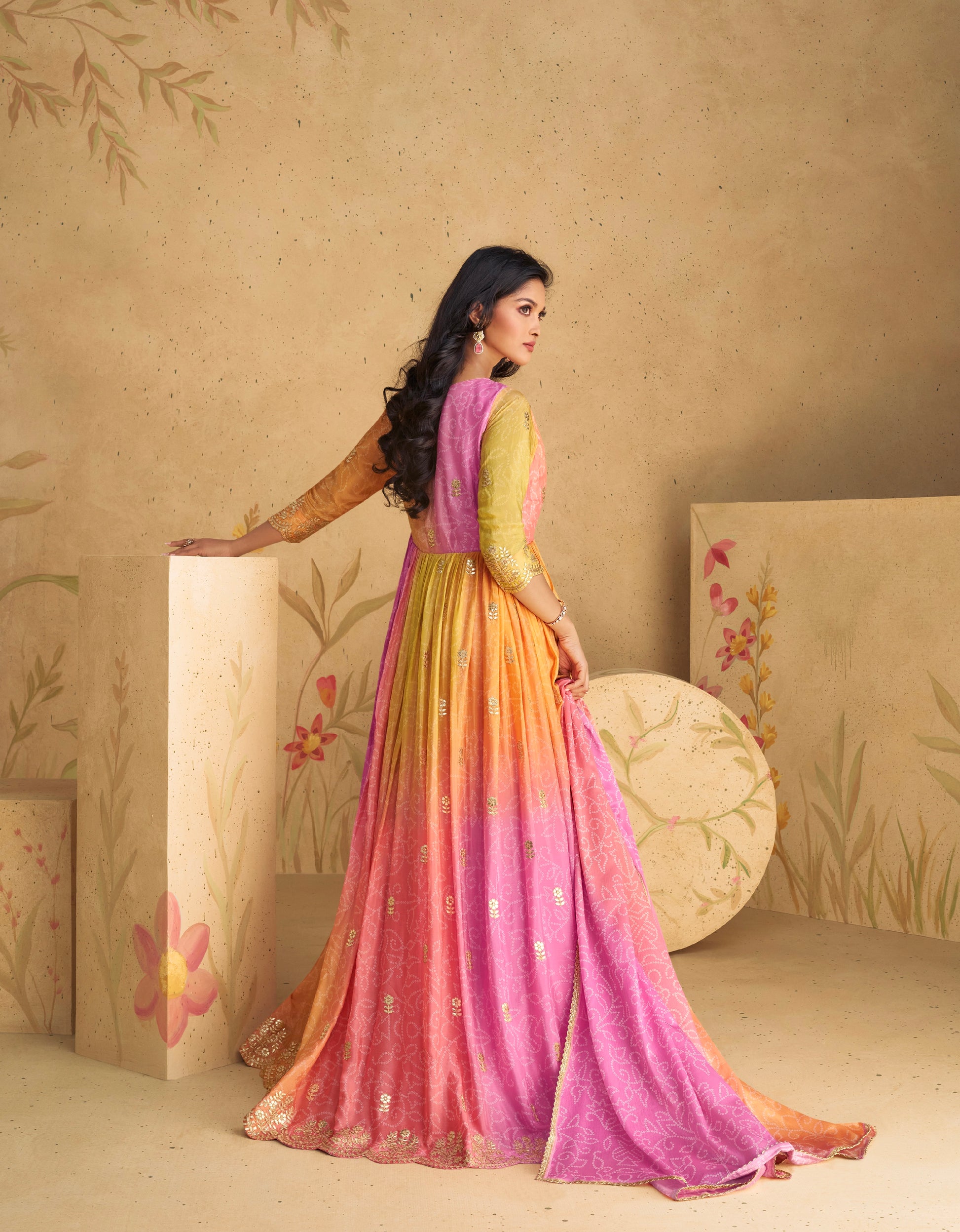 Yellow and Pink Chinon Silk Anarkali Suit with Embroidery