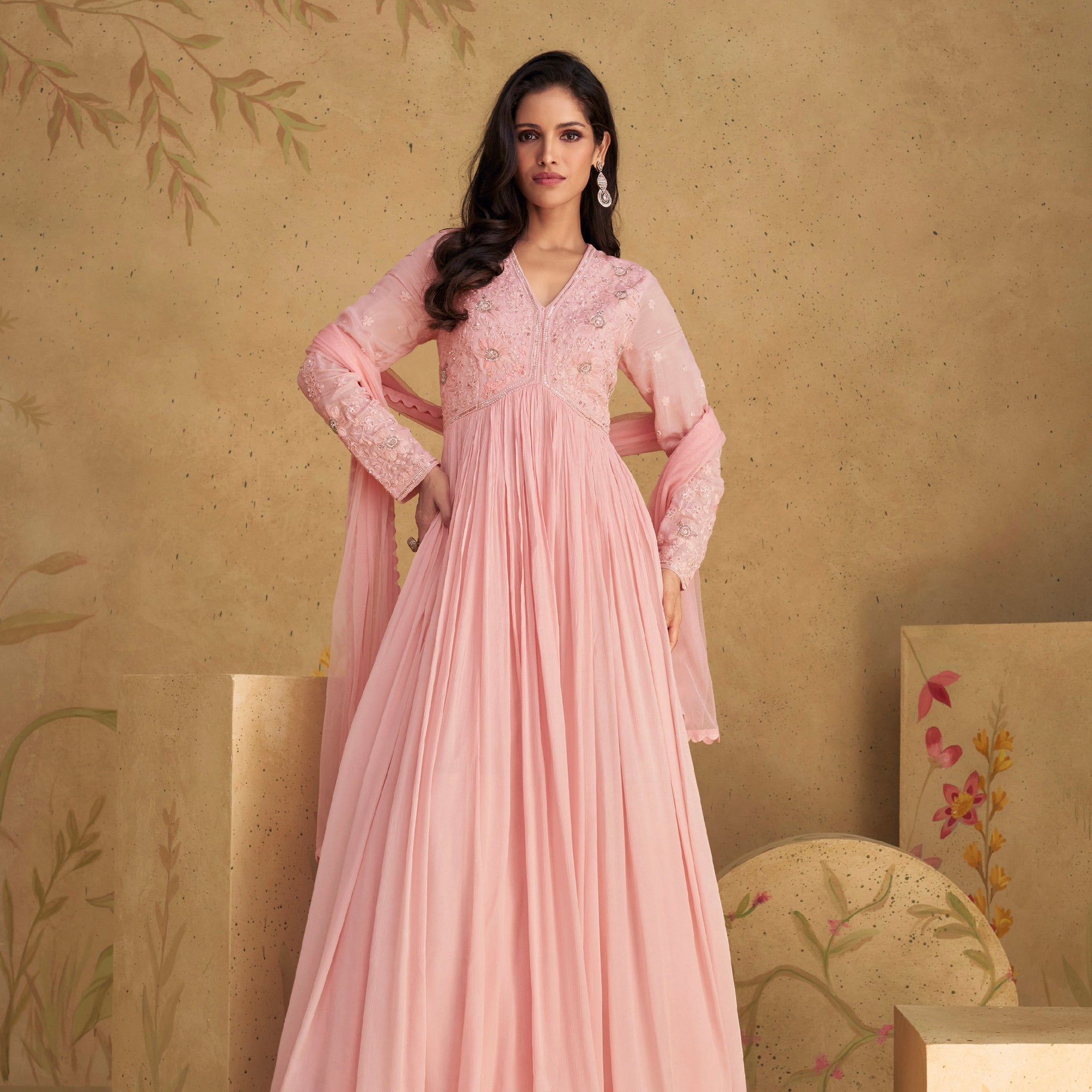 Pink Chinon Silk Anarkali Suit with Embroidered Details