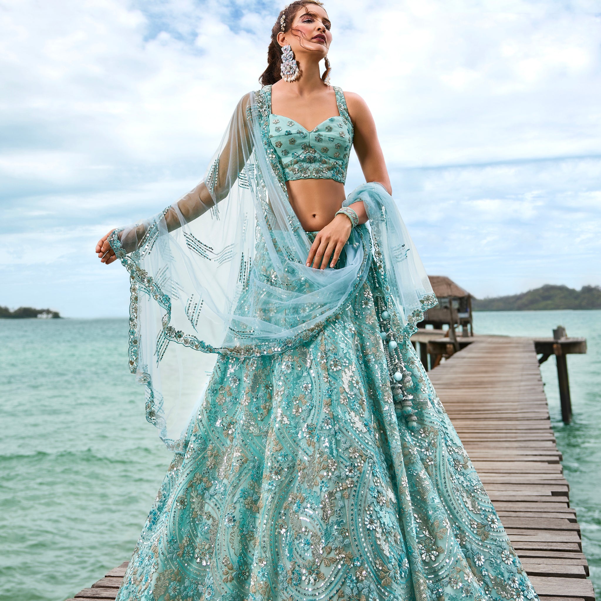 Turquoise Net Sequins and Zarkan Embroidery Lehenga choli & Dupatta