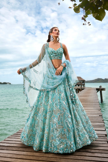 Turquoise Net Sequins and Zarkan Embroidery Lehenga choli & Dupatta