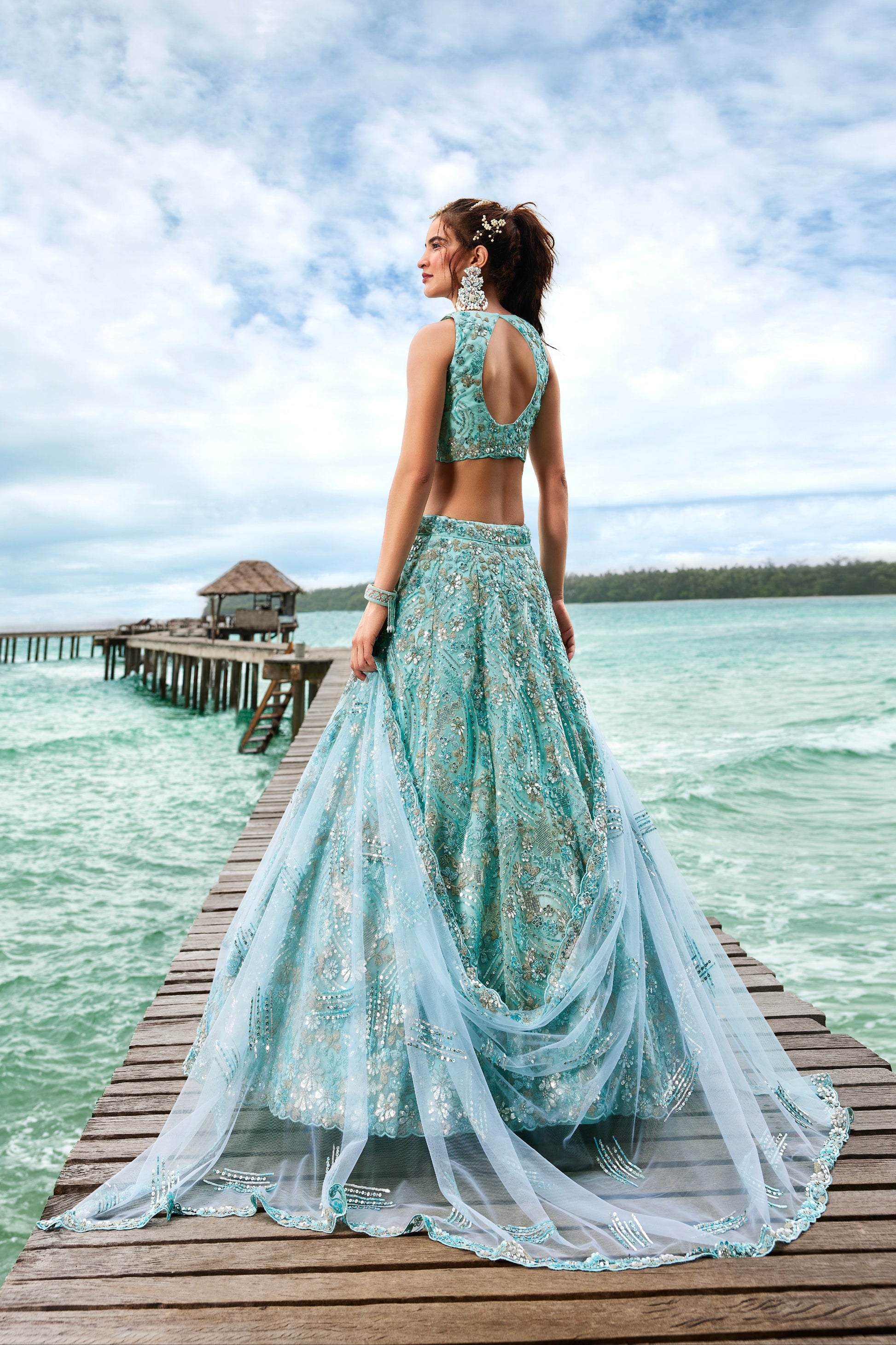 Turquoise Net Sequins and Zarkan Embroidery Lehenga choli & Dupatta