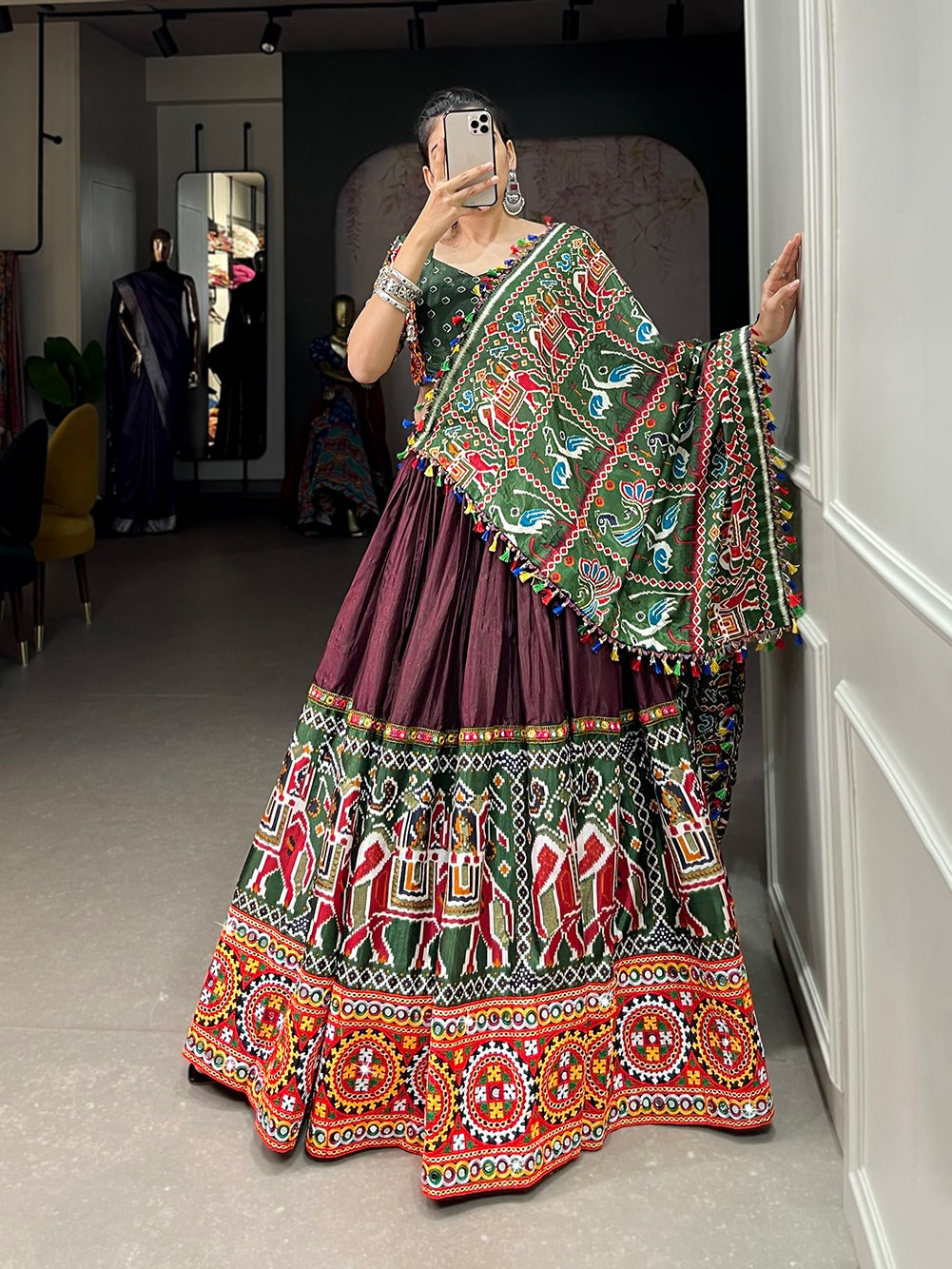 Navaratri Dola Silk With Patola Print Gamthi Work Lehenga Choli