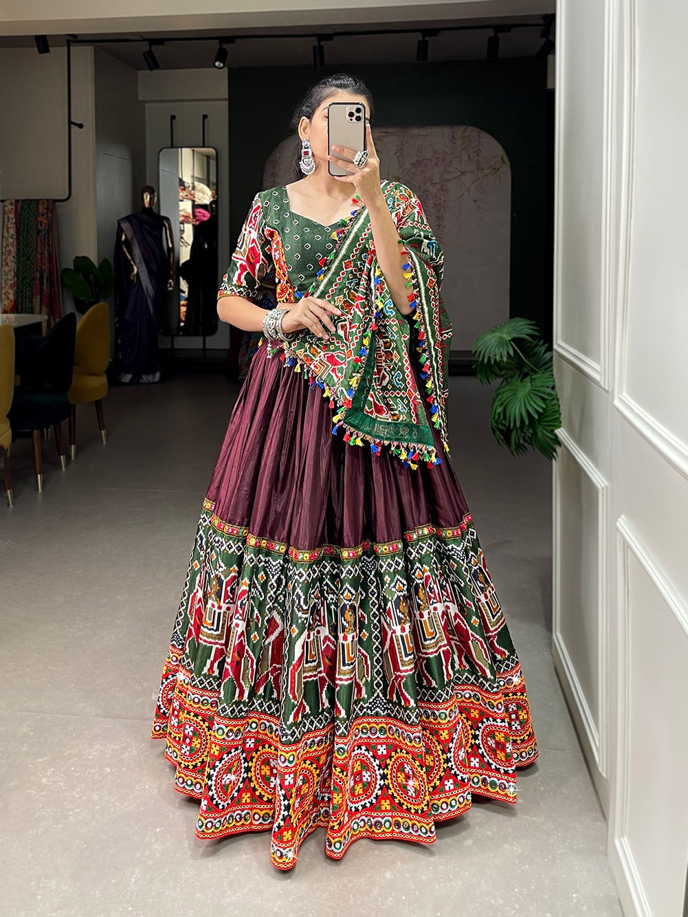 Navaratri Dola Silk With Patola Print Gamthi Work Lehenga Choli