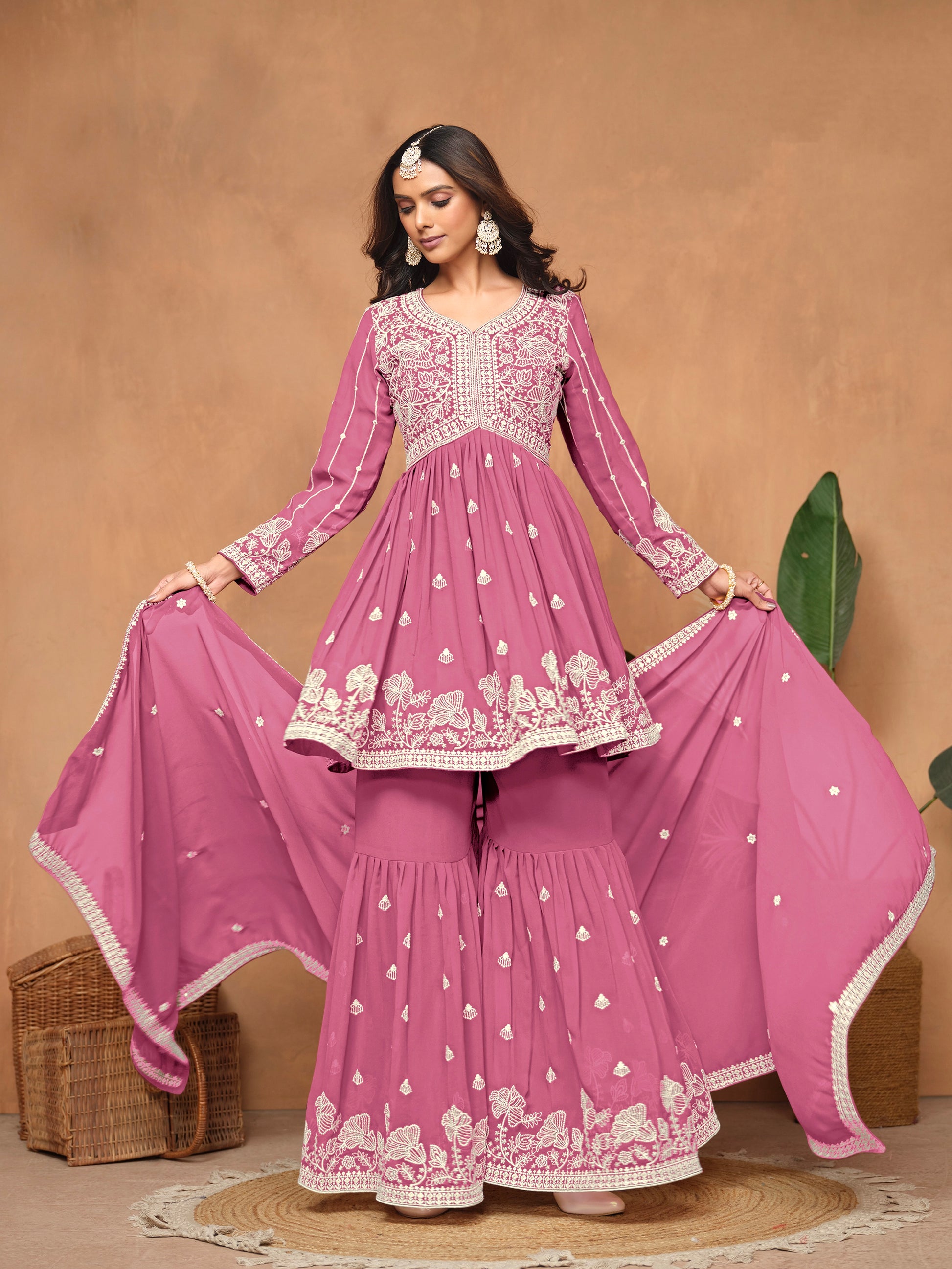 Pink Faux Georgette Embroidered Sharara Suit with Santoon Inner