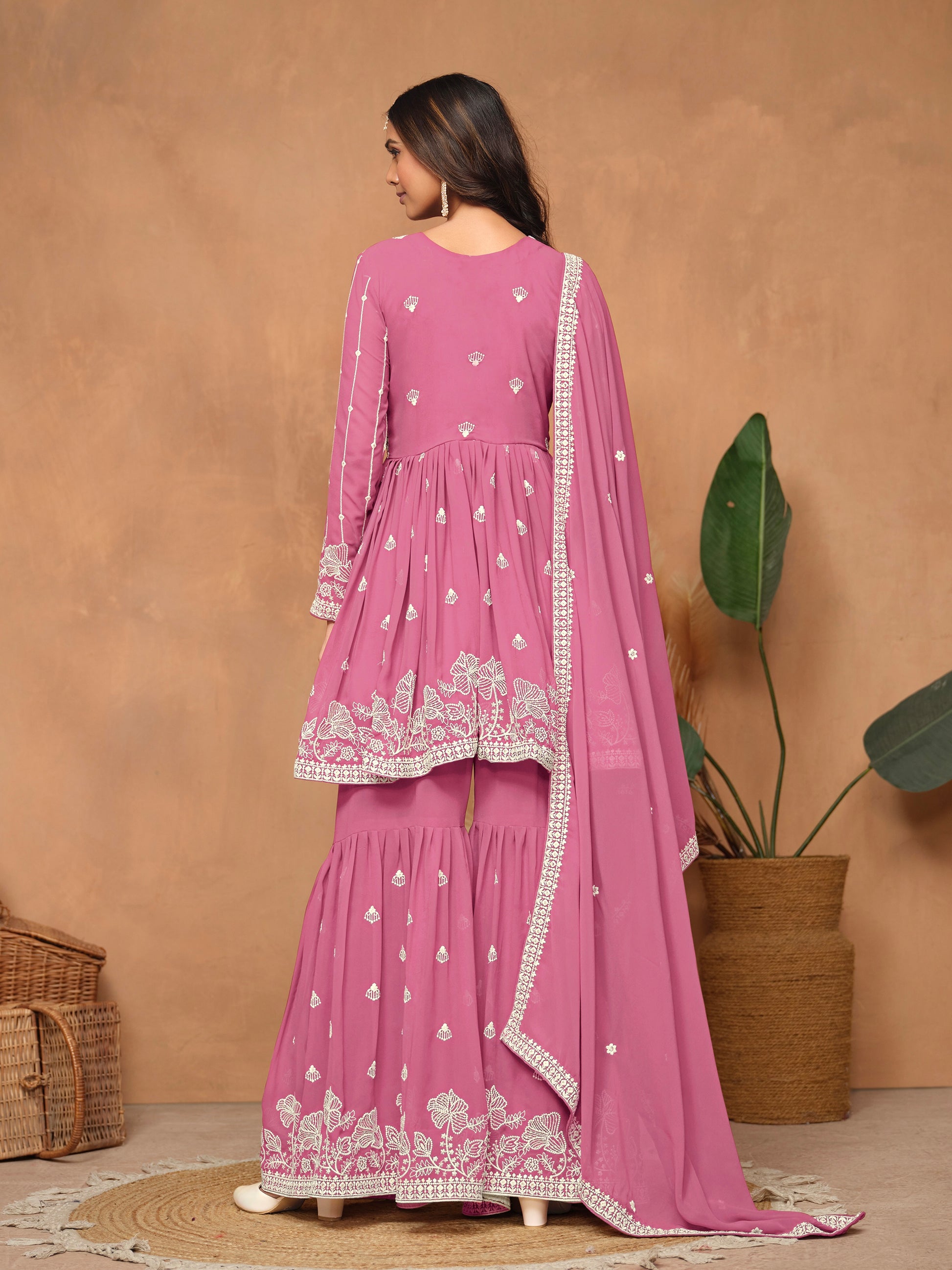 Pink Faux Georgette Embroidered Sharara Suit with Santoon Inner