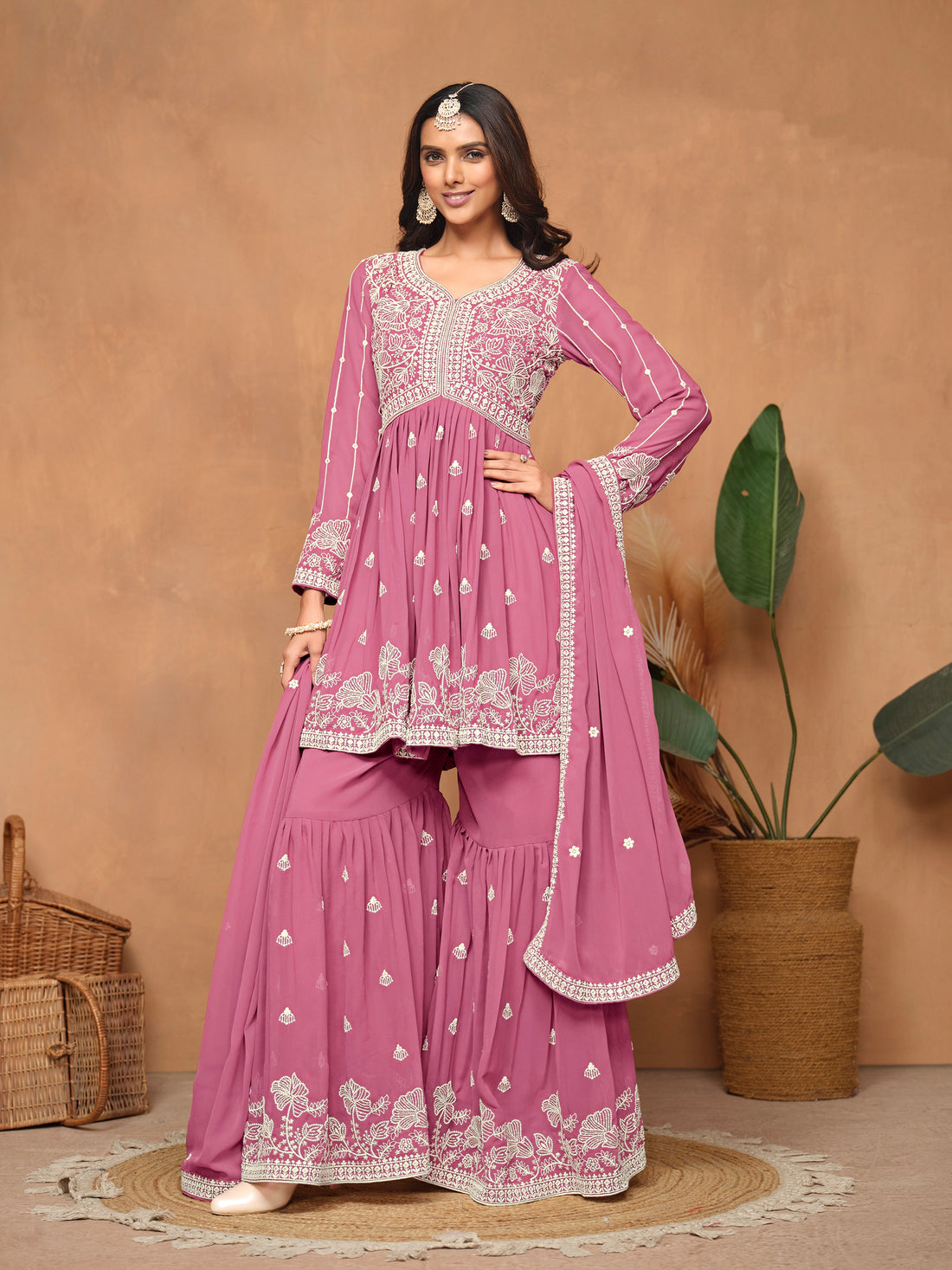 Pink Faux Georgette Embroidered Sharara Suit with Santoon Inner